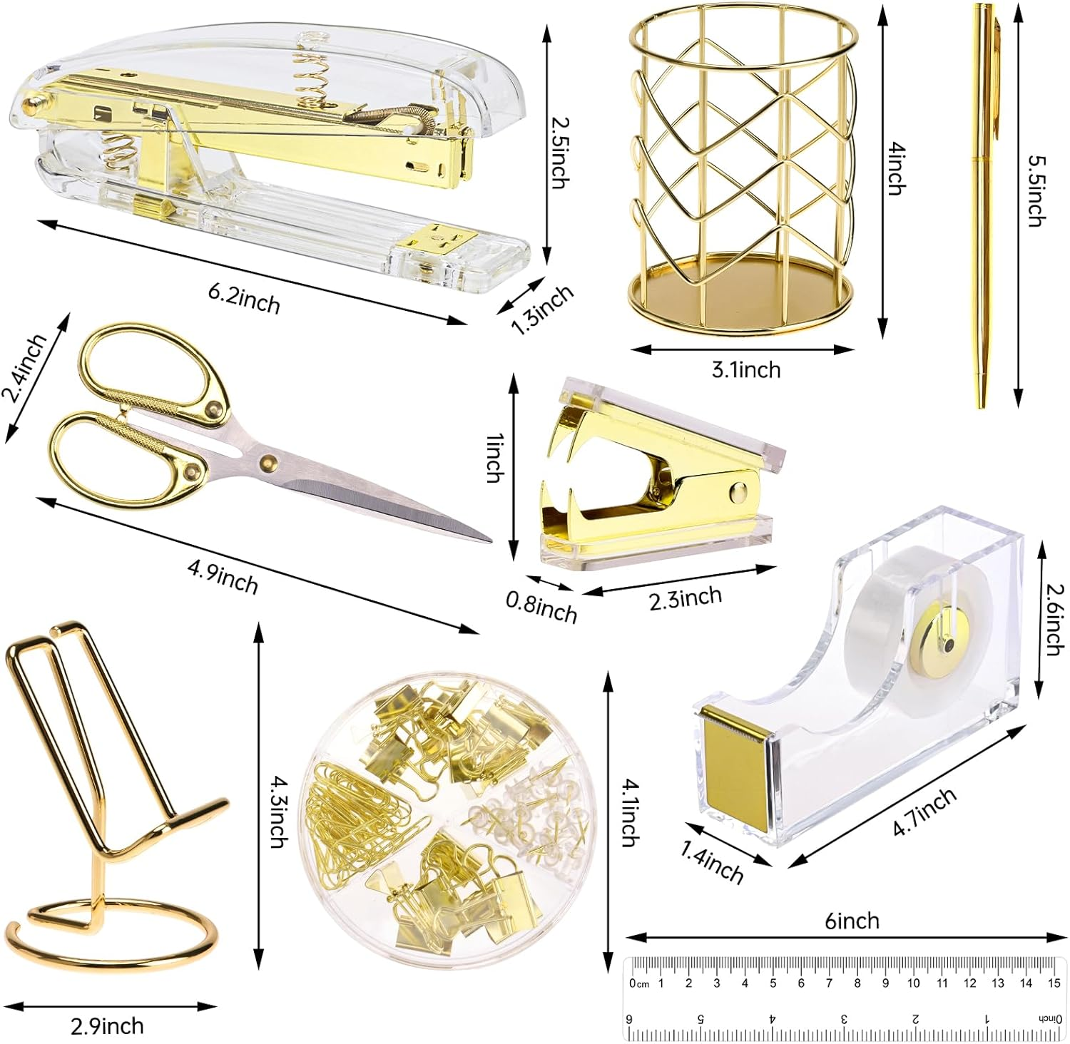 EOOUT GOLD OFFICE SUPPLIES SET DESK ACCESSORIES, ACRYLIC STAPLER SET WITH STAPLE REMOVER, PHONE HOLDER, TAPE HOLDER, PEN HOLDER, 2 BALLPOINT PENS, SCISSORS, BINDER CLIPS, RULER, TRANSPARENT GLUE, AND STAPLES