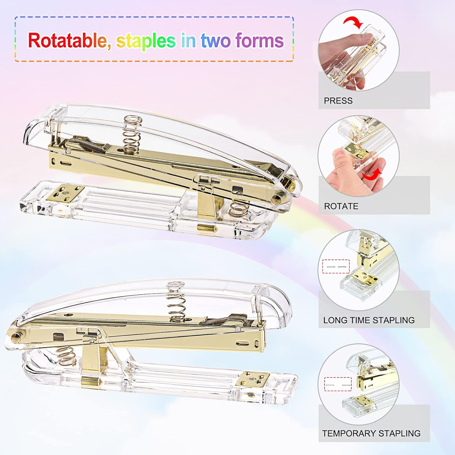 EOOUT GOLD OFFICE SUPPLIES SET DESK ACCESSORIES, ACRYLIC STAPLER SET WITH STAPLE REMOVER, PHONE HOLDER, TAPE HOLDER, PEN HOLDER, 2 BALLPOINT PENS, SCISSORS, BINDER CLIPS, RULER, TRANSPARENT GLUE, AND STAPLES