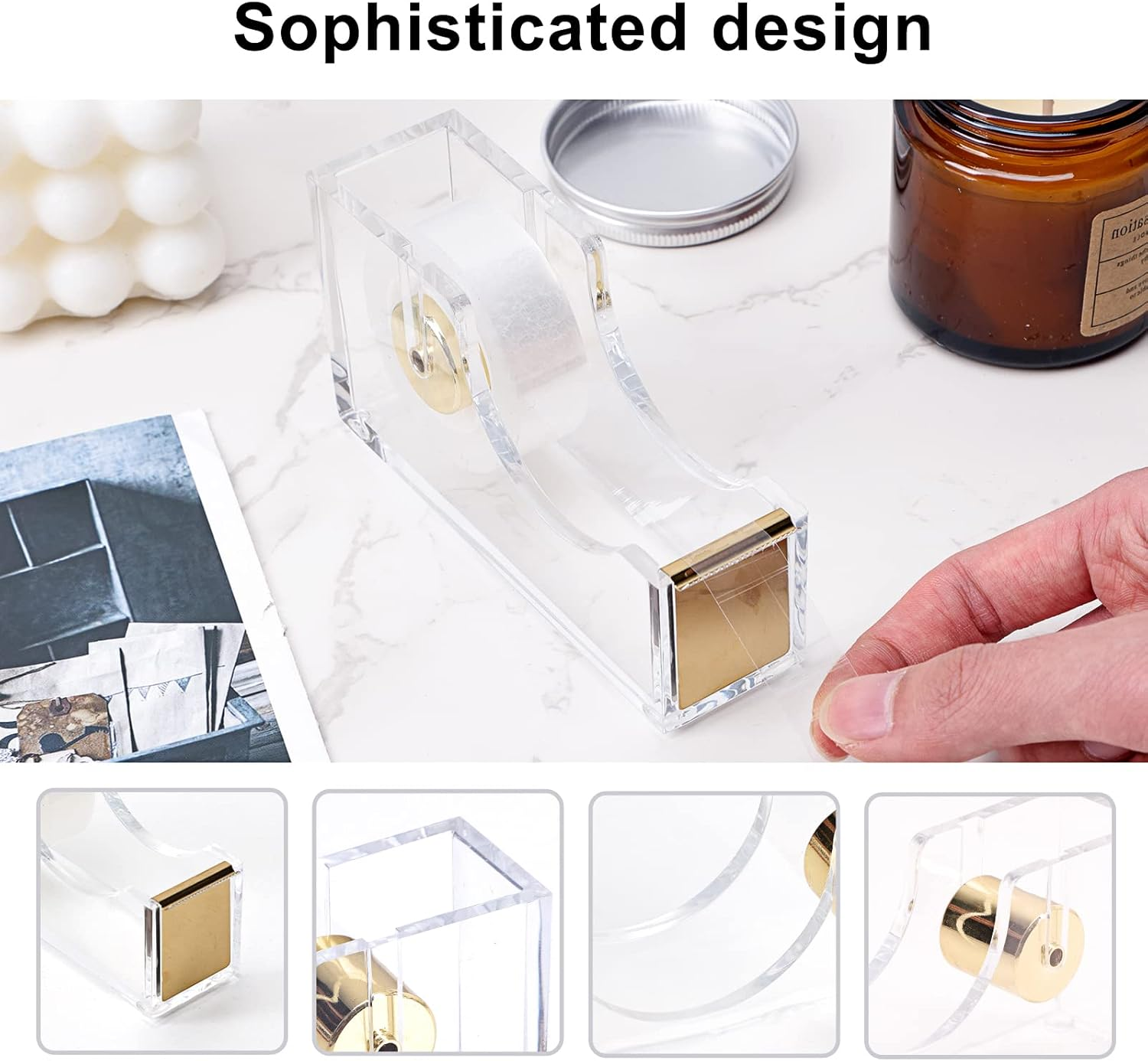 EOOUT GOLD OFFICE SUPPLIES SET DESK ACCESSORIES, ACRYLIC STAPLER SET WITH STAPLE REMOVER, PHONE HOLDER, TAPE HOLDER, PEN HOLDER, 2 BALLPOINT PENS, SCISSORS, BINDER CLIPS, RULER, TRANSPARENT GLUE, AND STAPLES