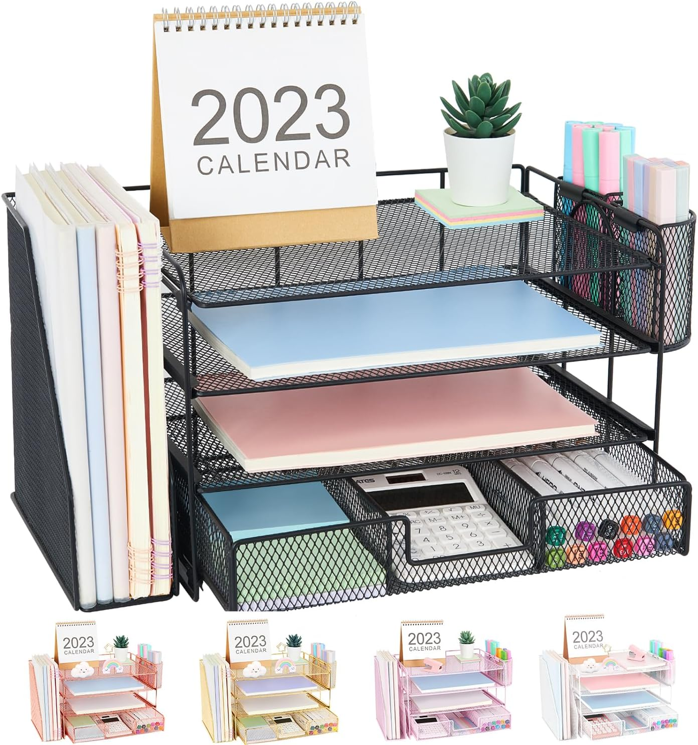 DESK ORGANIZERS AND ACCESSORIES, DESK ACCESSORIES & WORKSPACE ORGANIZERS FOR OFFICE SUPPLIES, FILE ORGANIZER DESK DRAWER ORGANIZER WITH 2 PEN HOLDERS, 4 TIER PAPER ORGANIZER FOR DESK