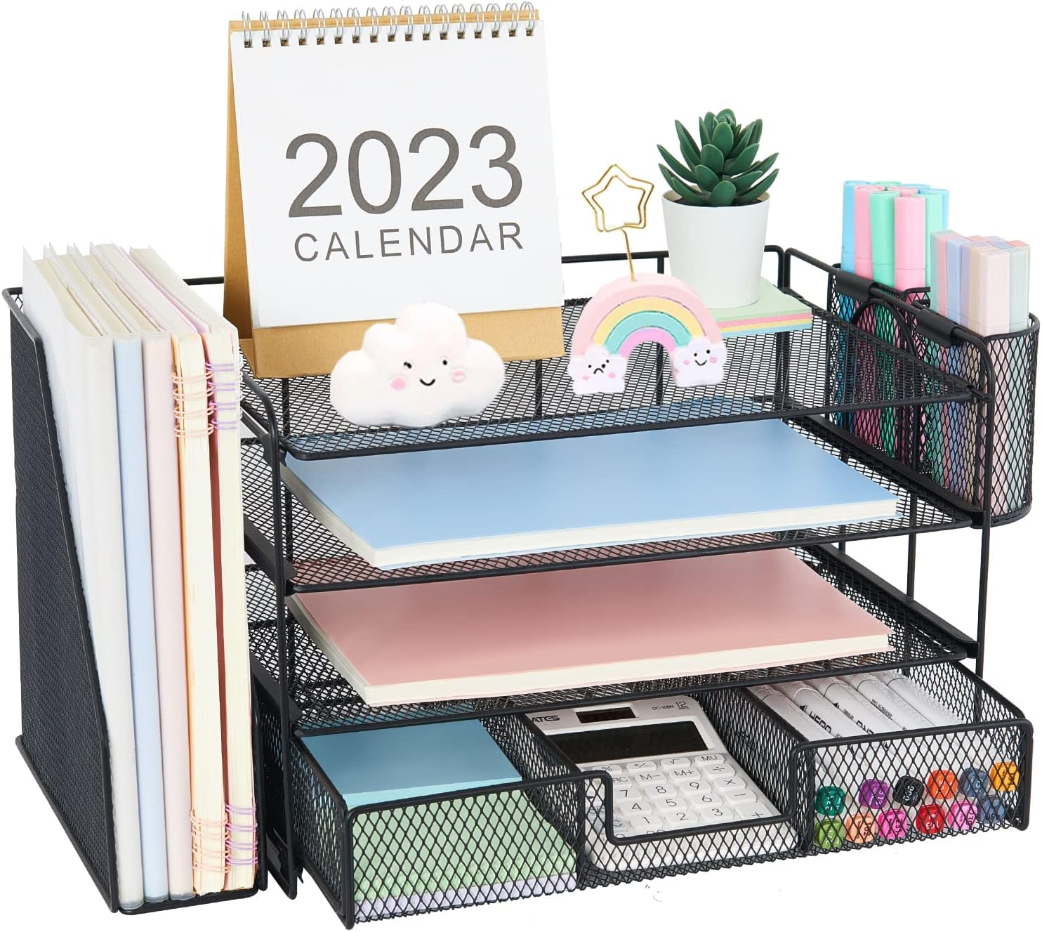 DESK ORGANIZERS AND ACCESSORIES, DESK ACCESSORIES & WORKSPACE ORGANIZERS FOR OFFICE SUPPLIES, FILE ORGANIZER DESK DRAWER ORGANIZER WITH 2 PEN HOLDERS, 4 TIER PAPER ORGANIZER FOR DESK