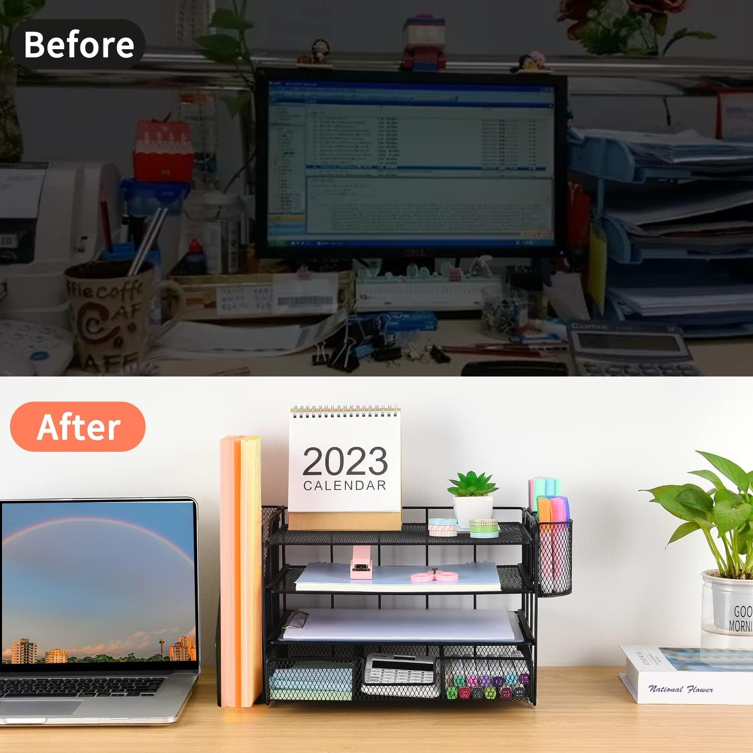 DESK ORGANIZERS AND ACCESSORIES, DESK ACCESSORIES & WORKSPACE ORGANIZERS FOR OFFICE SUPPLIES, FILE ORGANIZER DESK DRAWER ORGANIZER WITH 2 PEN HOLDERS, 4 TIER PAPER ORGANIZER FOR DESK