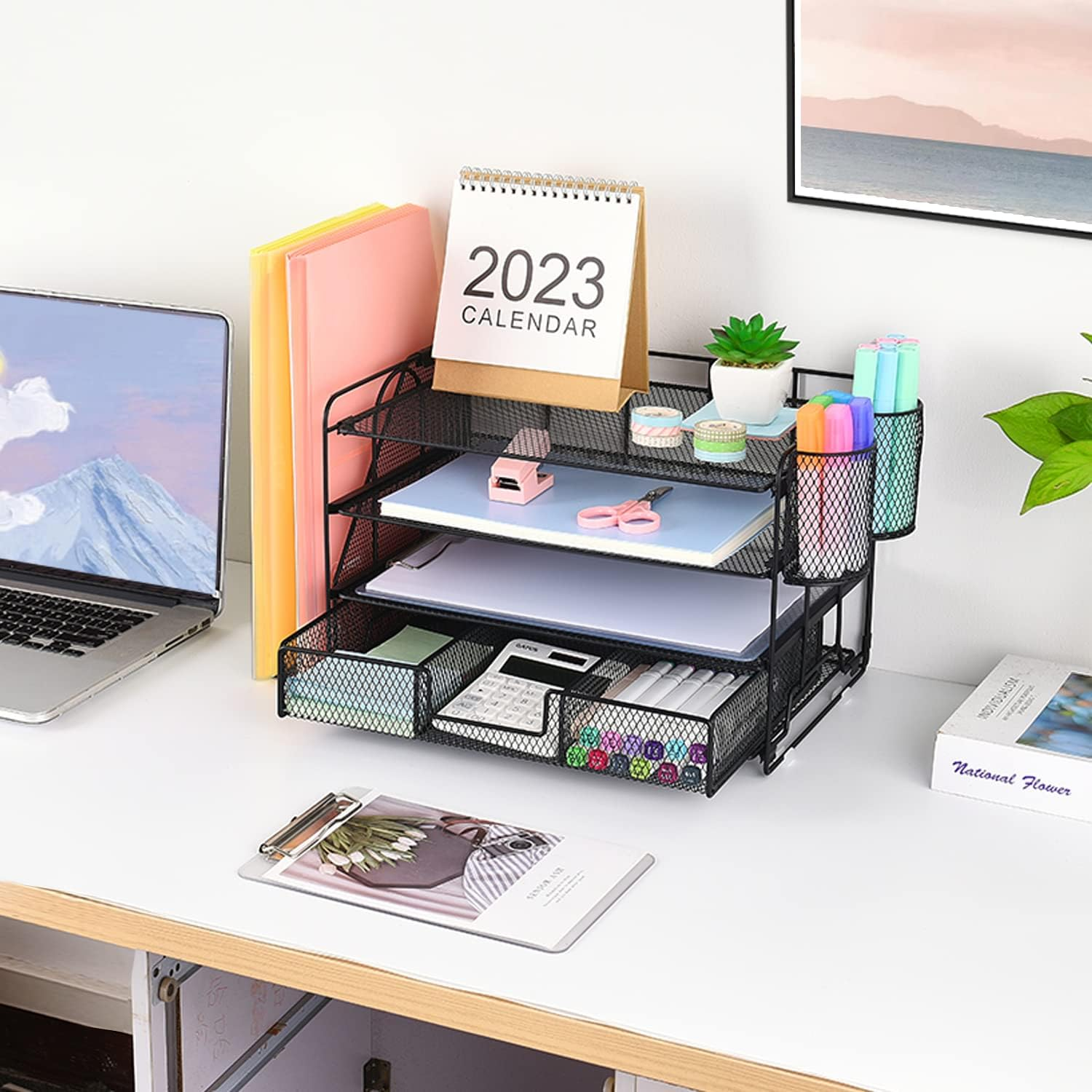 DESK ORGANIZERS AND ACCESSORIES, DESK ACCESSORIES & WORKSPACE ORGANIZERS FOR OFFICE SUPPLIES, FILE ORGANIZER DESK DRAWER ORGANIZER WITH 2 PEN HOLDERS, 4 TIER PAPER ORGANIZER FOR DESK