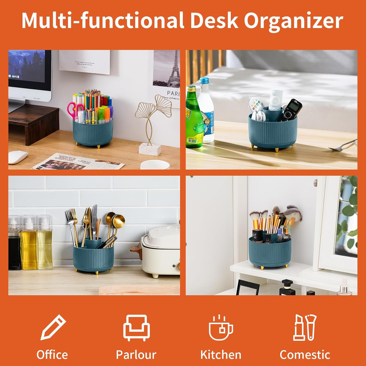 MARBRASSE DESK ORGANIZER, 360-DEGREE ROTATING PEN HOLDER FOR DESK, DESK ORGANIZERS AND ACCESSORIES WITH 5 COMPARTMENTS PENCIL ORGANIZER, ART SUPPLY STORAGE BOX CADDY FOR OFFICE, HOME