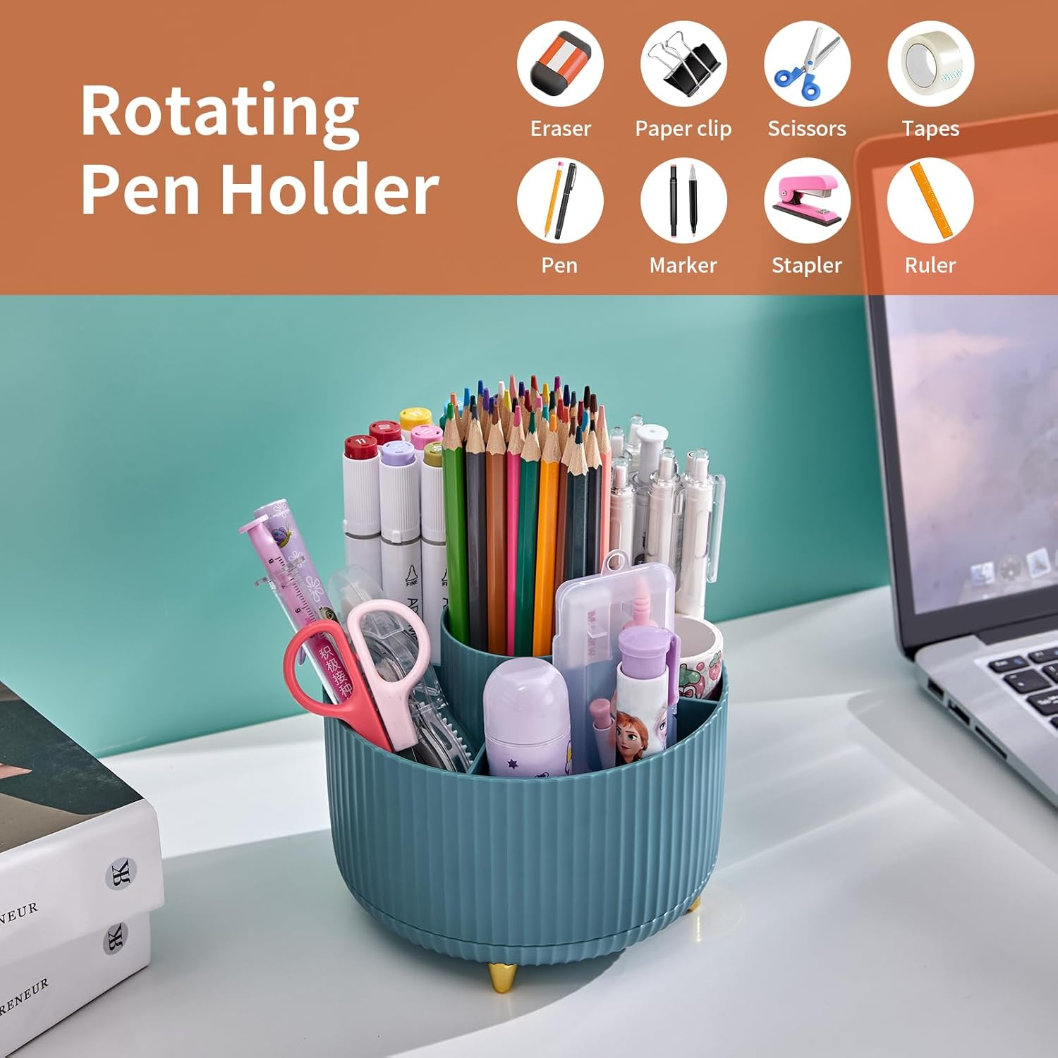 MARBRASSE DESK ORGANIZER, 360-DEGREE ROTATING PEN HOLDER FOR DESK, DESK ORGANIZERS AND ACCESSORIES WITH 5 COMPARTMENTS PENCIL ORGANIZER, ART SUPPLY STORAGE BOX CADDY FOR OFFICE, HOME