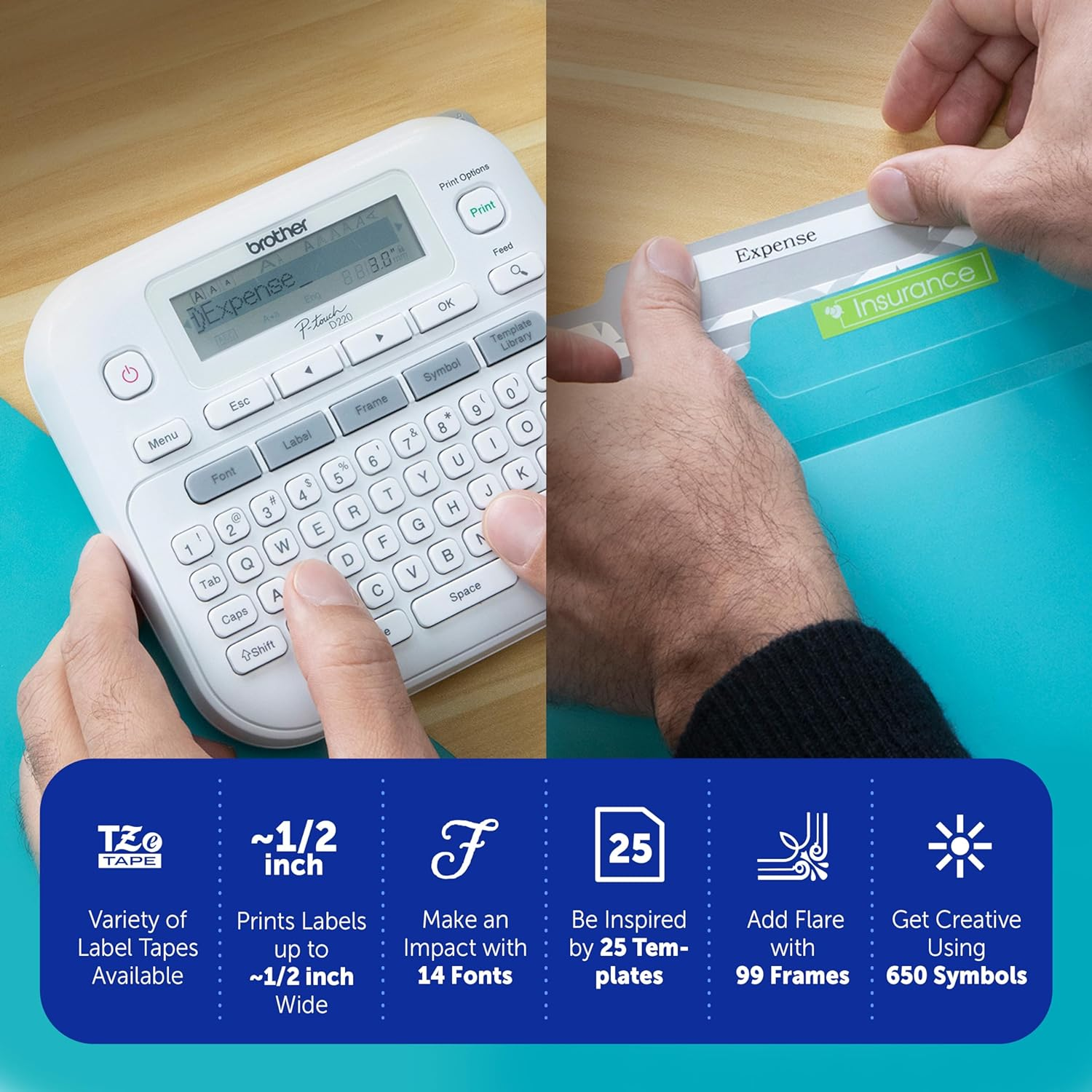 BROTHER P-TOUCH LABEL MAKER, PTD220, THERMAL, INKLESS PRINTER FOR HOME & OFFICE ORGANIZATION, PORTABLE & LIGHTWEIGHT, QWERTY KEYBOARD, ONE-TOUCH KEYS & 25 PRE-SET LABEL TEMPLATES LABEL MEMORY