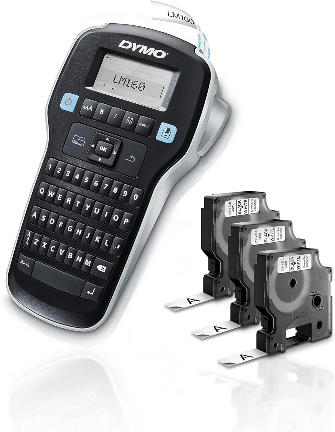 DYMO LABELMANAGER 160 PORTABLE LABEL MAKER BUNDLE, EASY-TO-USE, ONE-TOUCH SMART KEYS, QWERTY KEYBOARD, LARGE DISPLAY, FOR HOME & OFFICE ORGANIZATION, INCLUDES 3 D1 LABEL CASSETTES