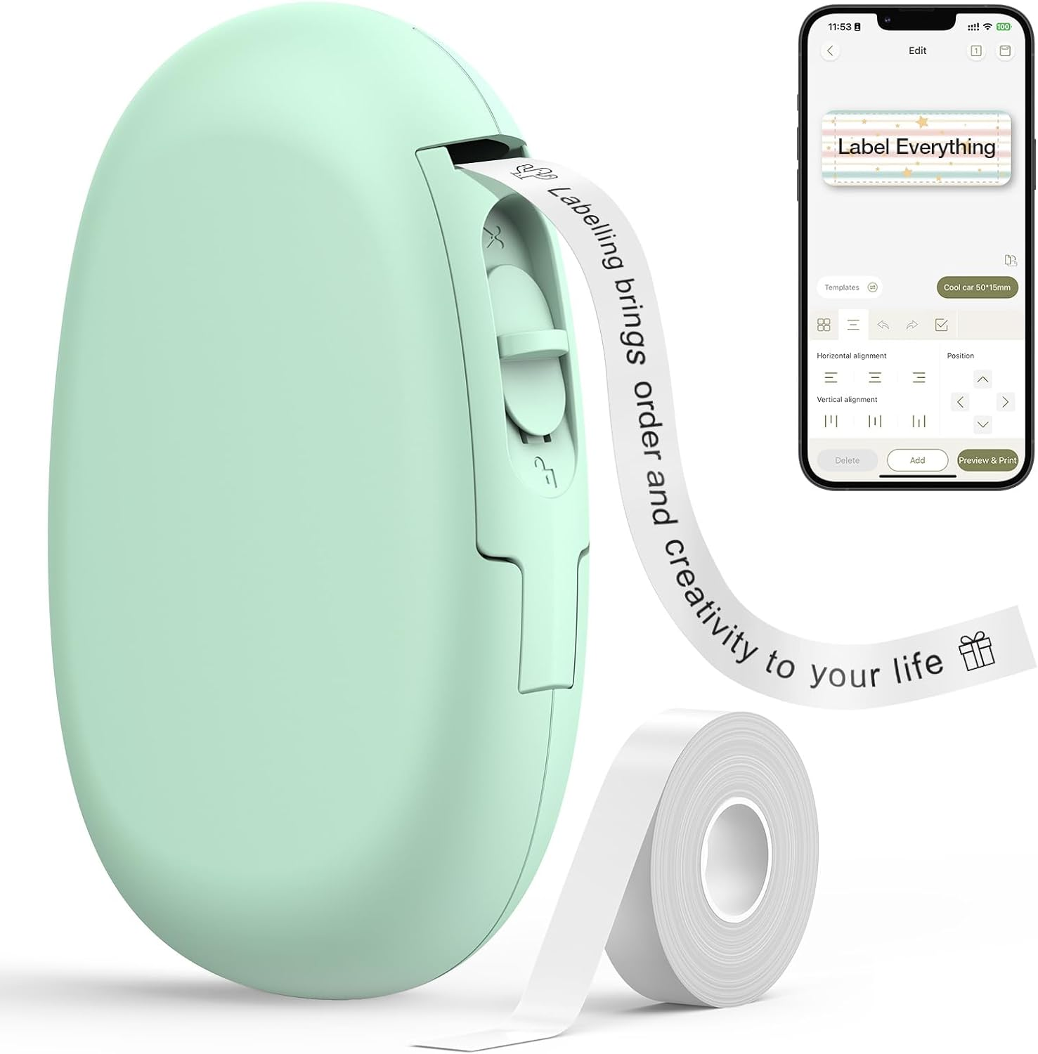 SUPVAN E10 BLUETOOTH LABEL MAKER MACHINE WITH TAPE, CONTINUOUS WATERPROOF LABEL, VERSATILE APP WITH 35 FONTS AND 1K+ ICONS, INKLESS LABELER FOR HOME, KITCHEN, SCHOOL, OFFICE ORGANIZATION