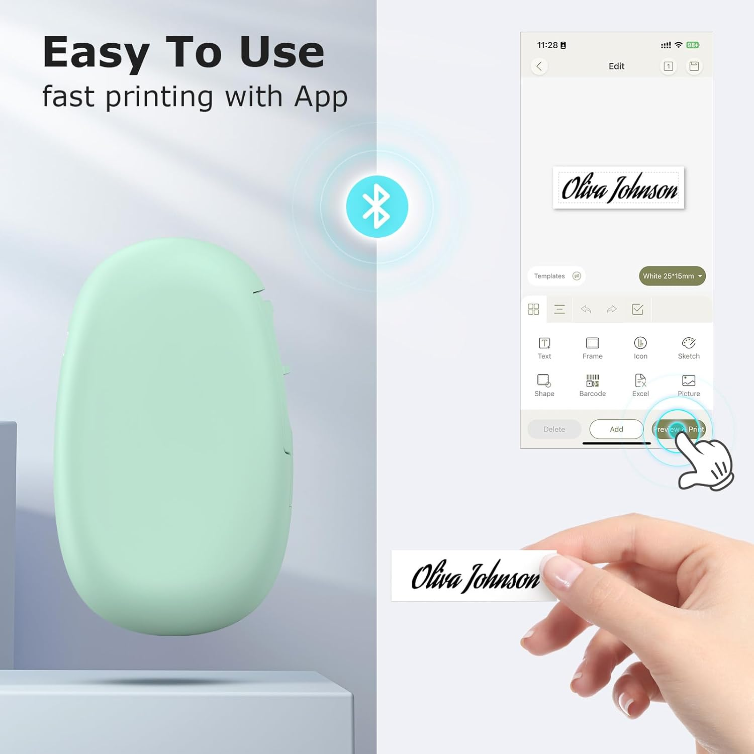 SUPVAN E10 BLUETOOTH LABEL MAKER MACHINE WITH TAPE, CONTINUOUS WATERPROOF LABEL, VERSATILE APP WITH 35 FONTS AND 1K+ ICONS, INKLESS LABELER FOR HOME, KITCHEN, SCHOOL, OFFICE ORGANIZATION