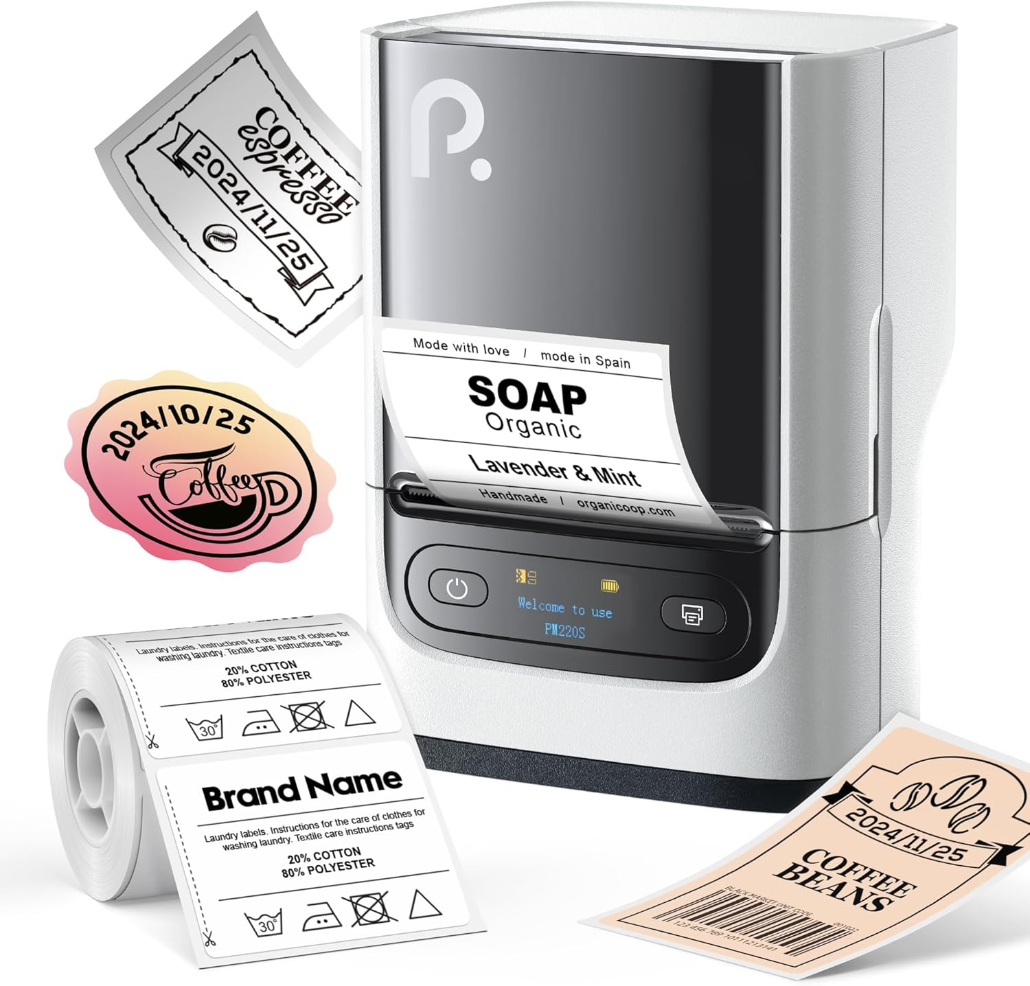 POLONO PM220S LABEL MAKER MACHINE WITH TAPE, 2 INCH BLUETOOTH PORTABLE THERMAL LABEL PRINTER FOR SMALL BUSINESS, OFFICE, HOME, ADDRESS, LOGO LABEL, STICKER PRINTER FOR PHONE/TABLET/PC