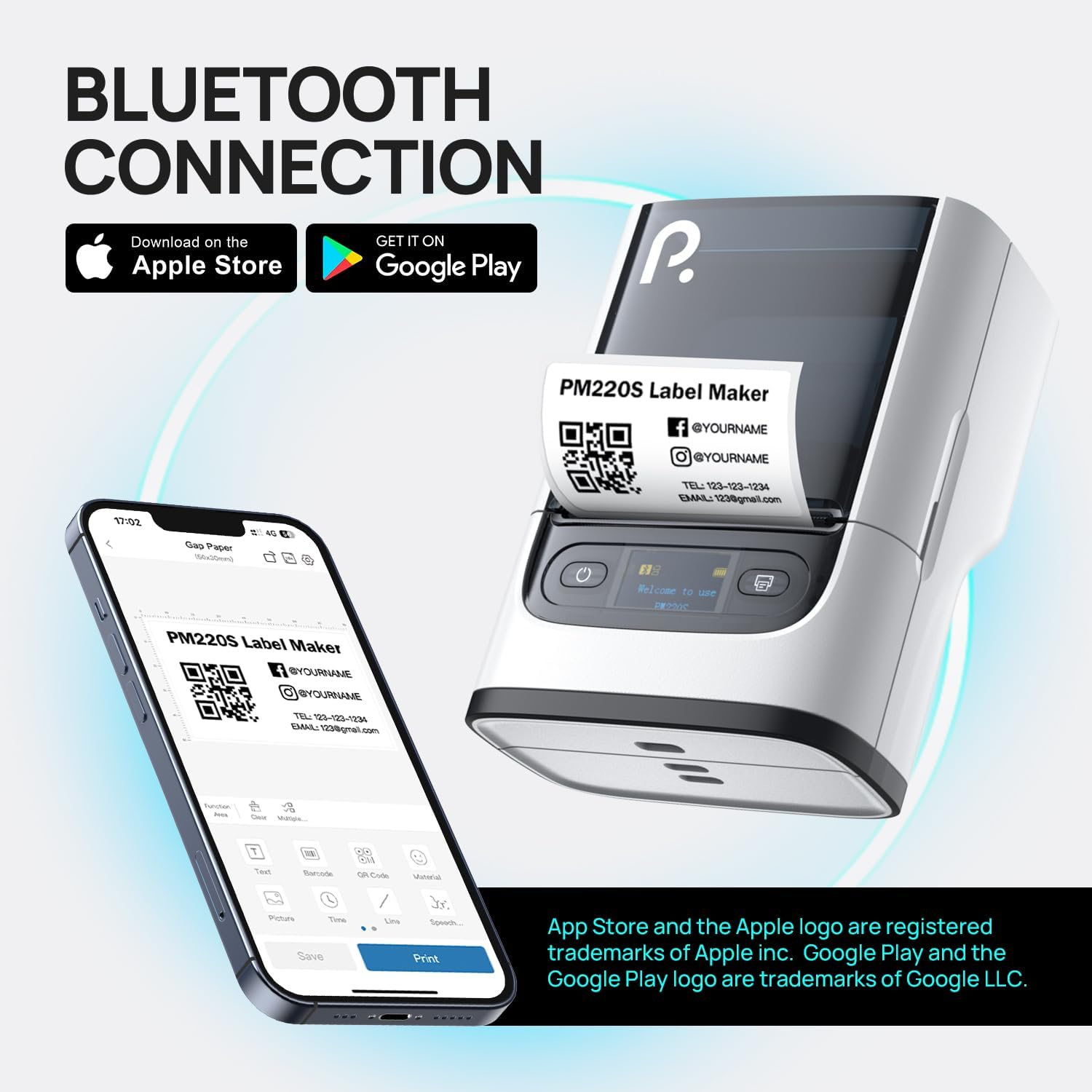 POLONO PM220S LABEL MAKER MACHINE WITH TAPE, 2 INCH BLUETOOTH PORTABLE THERMAL LABEL PRINTER FOR SMALL BUSINESS, OFFICE, HOME, ADDRESS, LOGO LABEL, STICKER PRINTER FOR PHONE/TABLET/PC