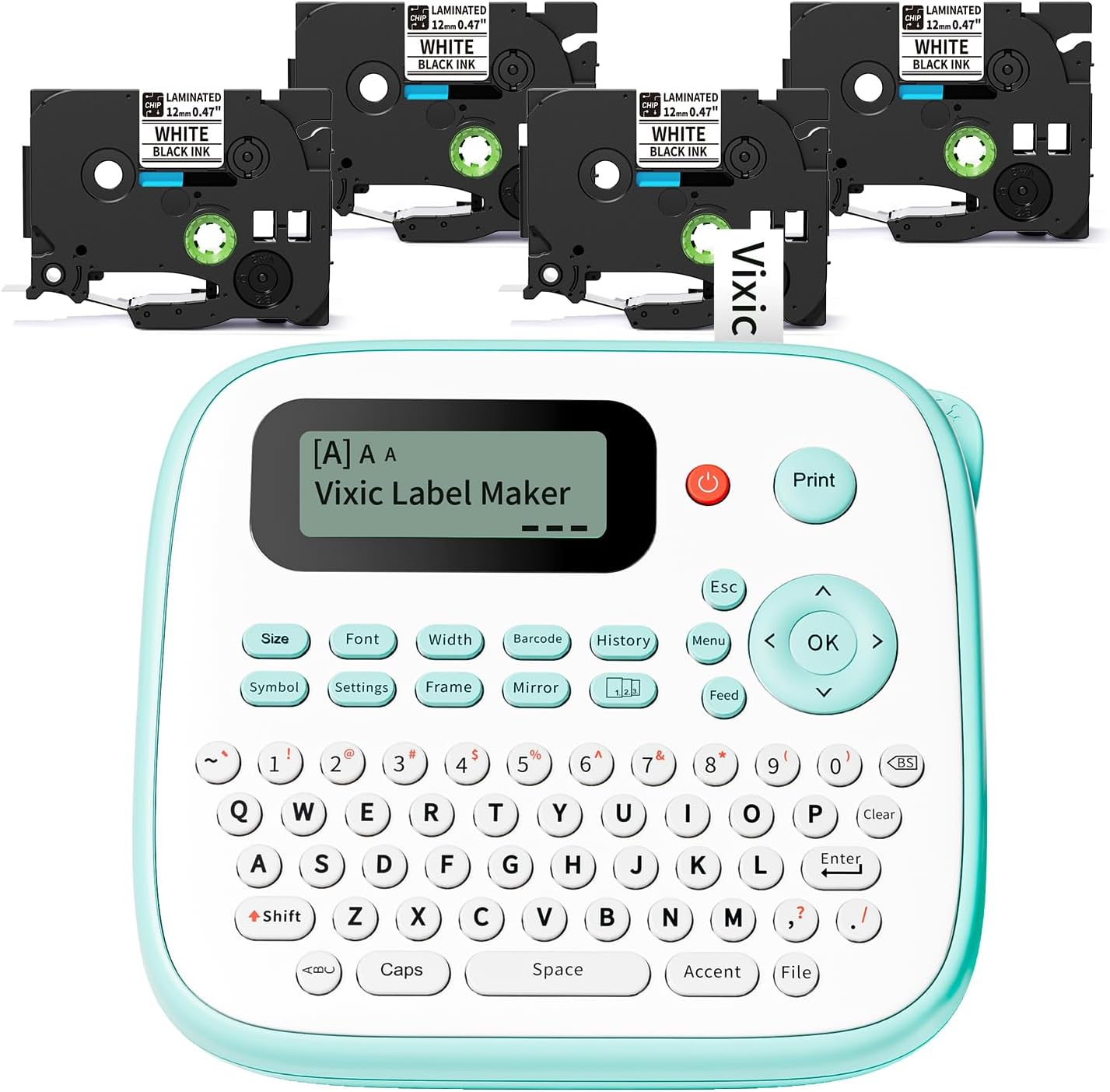 LABEL MAKER, D210S LABEL MAKER MACHINE WITH 4 LAMINATED TAPES, 12MM LABELER WITH QWERTY KEYBOARD, PRINT DIFFERENT FONTS, FRAME, AND BARCODE FOR HOME, OFFICE, AND SCHOOL