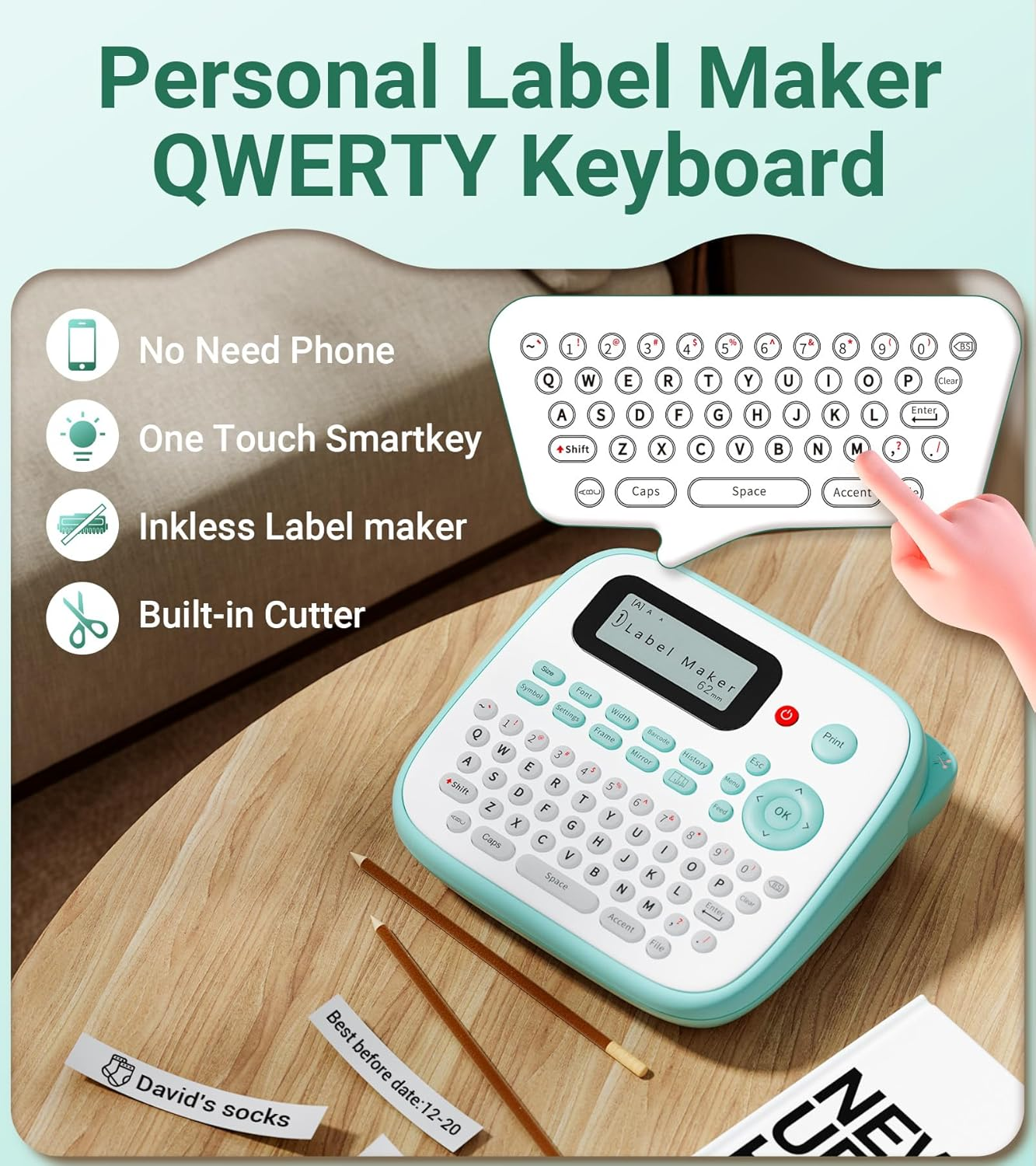 LABEL MAKER, D210S LABEL MAKER MACHINE WITH 4 LAMINATED TAPES, 12MM LABELER WITH QWERTY KEYBOARD, PRINT DIFFERENT FONTS, FRAME, AND BARCODE FOR HOME, OFFICE, AND SCHOOL