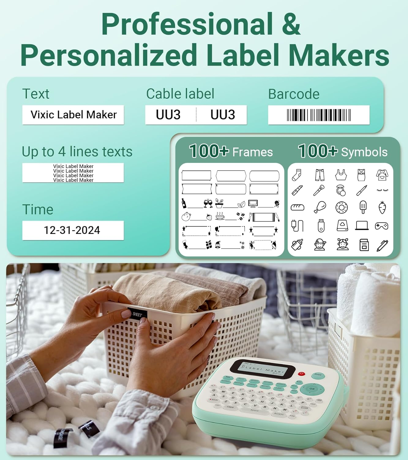 LABEL MAKER, D210S LABEL MAKER MACHINE WITH 4 LAMINATED TAPES, 12MM LABELER WITH QWERTY KEYBOARD, PRINT DIFFERENT FONTS, FRAME, AND BARCODE FOR HOME, OFFICE, AND SCHOOL