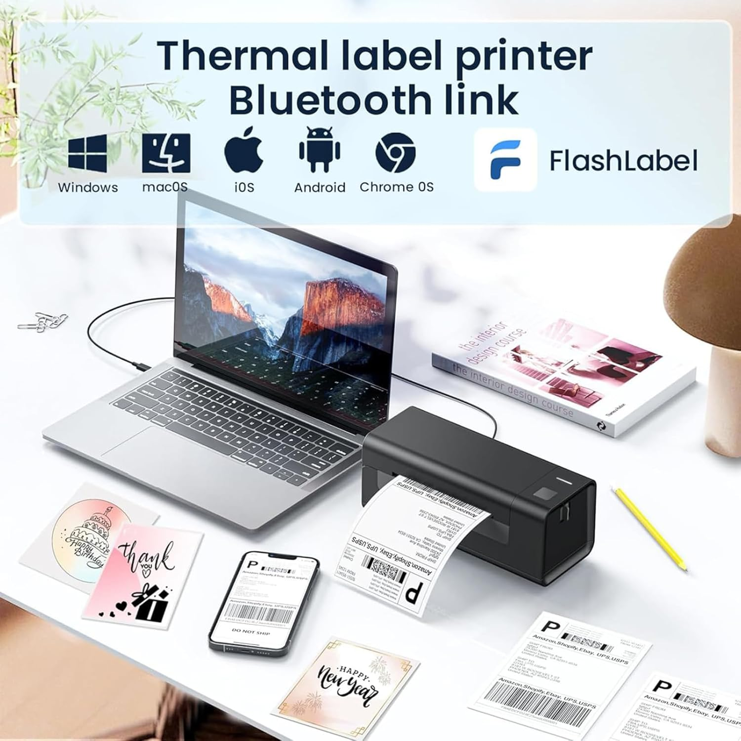 THERMAL LABEL PRINTER - SHIPPING LABEL PRINTER FOR SMALL BUSINESS, 4X6 BLUETOOTH THERMAL PRINTER 300MM/S, COMPATIBLE WITH WINDOWS, MAC, IOS, ANDROID, DESKTOP PRINTER LABELS MAKER USED FOR AMAZON, SHOPIFY