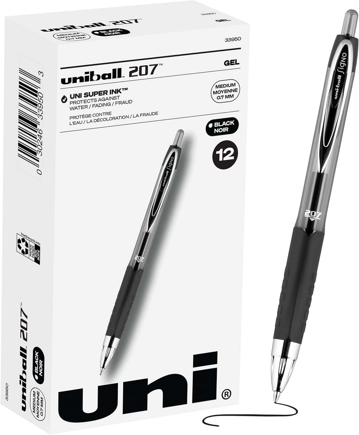 BLACK RETRACTABLE GEL PENS 12 PACK WITH MEDIUM POINTS, UNI-BALL 207 SIGNO CLICK PENS ARE FRAUD PROOF AND THE BEST OFFICE PENS, NURSING PENS, BUSINESS PENS, SCHOOL PENS, AND BIBLE PENS