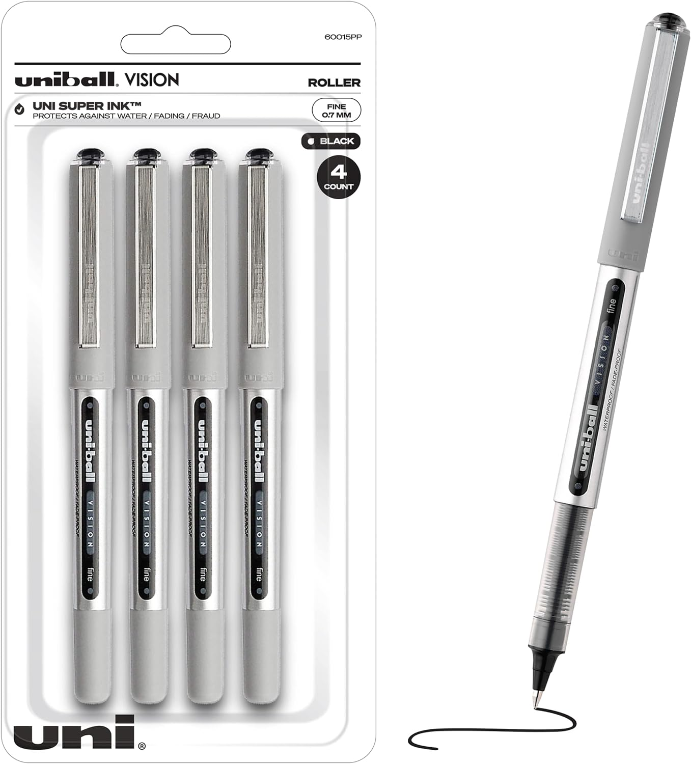 UNI-BALL VISION ROLLERBALL BLACK PENS PACK OF 4 - FINE POINT JOURNALING PENS, 0.7MM MEDIUM BLACK INK - TEACHER PEN, SMOOTH WRITING JAPANESE PENS, SCHOOL SUPPLIES