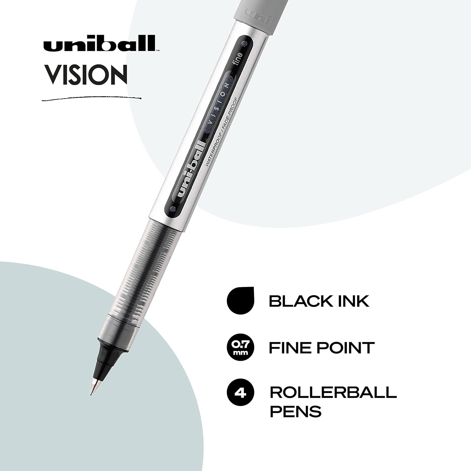 UNI-BALL VISION ROLLERBALL BLACK PENS PACK OF 4 - FINE POINT JOURNALING PENS, 0.7MM MEDIUM BLACK INK - TEACHER PEN, SMOOTH WRITING JAPANESE PENS, SCHOOL SUPPLIES