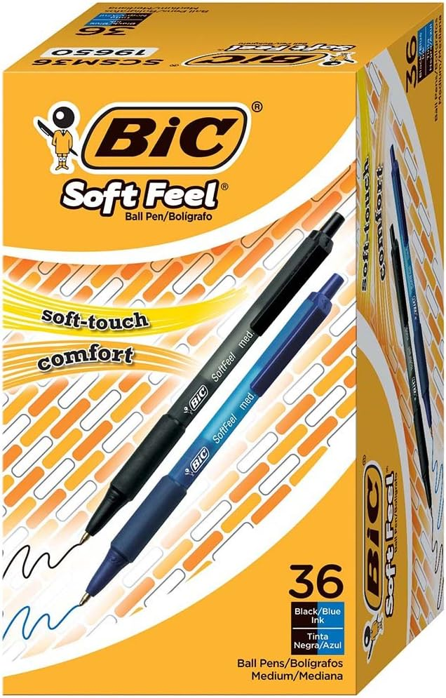 BIC SOFT FEEL ASSORTED COLORS RETRACTABLE BALLPOINT PENS, MEDIUM POINT (1.0MM), 36-COUNT PACK, BLACK AND BLUE PENS WITH SOFT-TOUCH COMFORT GRIP, PERFECT COLOR PENS FOR NOTE TAKING