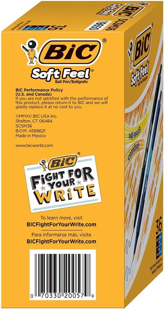 BIC SOFT FEEL ASSORTED COLORS RETRACTABLE BALLPOINT PENS, MEDIUM POINT (1.0MM), 36-COUNT PACK, BLACK AND BLUE PENS WITH SOFT-TOUCH COMFORT GRIP, PERFECT COLOR PENS FOR NOTE TAKING