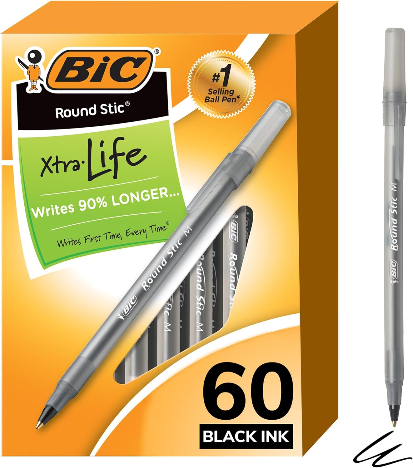 BIC ROUND STIC XTRA LIFE BALLPOINT PENS, MEDIUM POINT (1.0MM), BLACK, 60-COUNT PACK, FLEXIBLE ROUND BARREL FOR WRITING COMFORT, PERFECT TEACHER APPRECIATION GIFTS