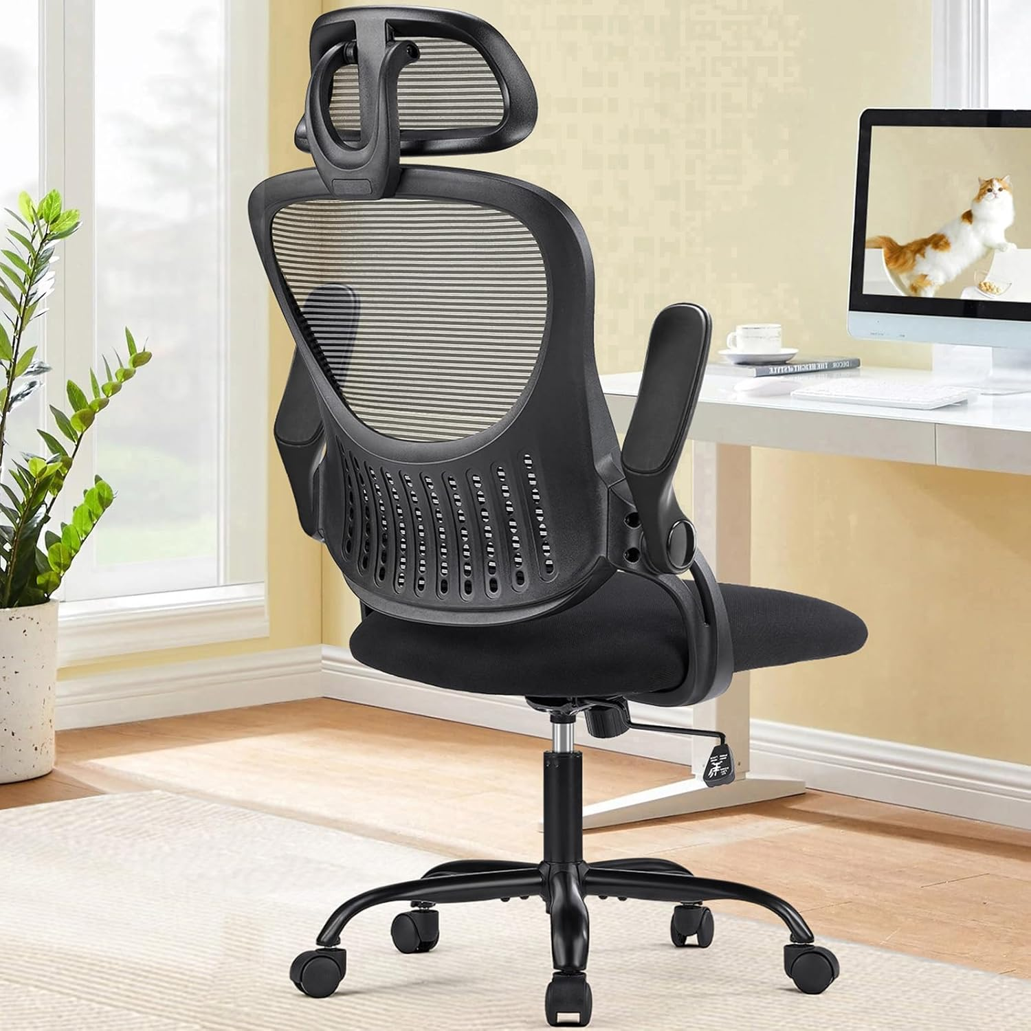 SWEETCRISPY OFFICE COMPUTER DESK CHAIR, ERGONOMIC HIGH-BACK MESH ROLLING WORK CHAIRS WITH WHEELS AND ADJUSTABLE HEADRESTS, COMFORTABLE LUMBAR SUPPORT, COMFY FLIP-UP ARMS FOR HOME, BEDROOM, STUDY, BLACK