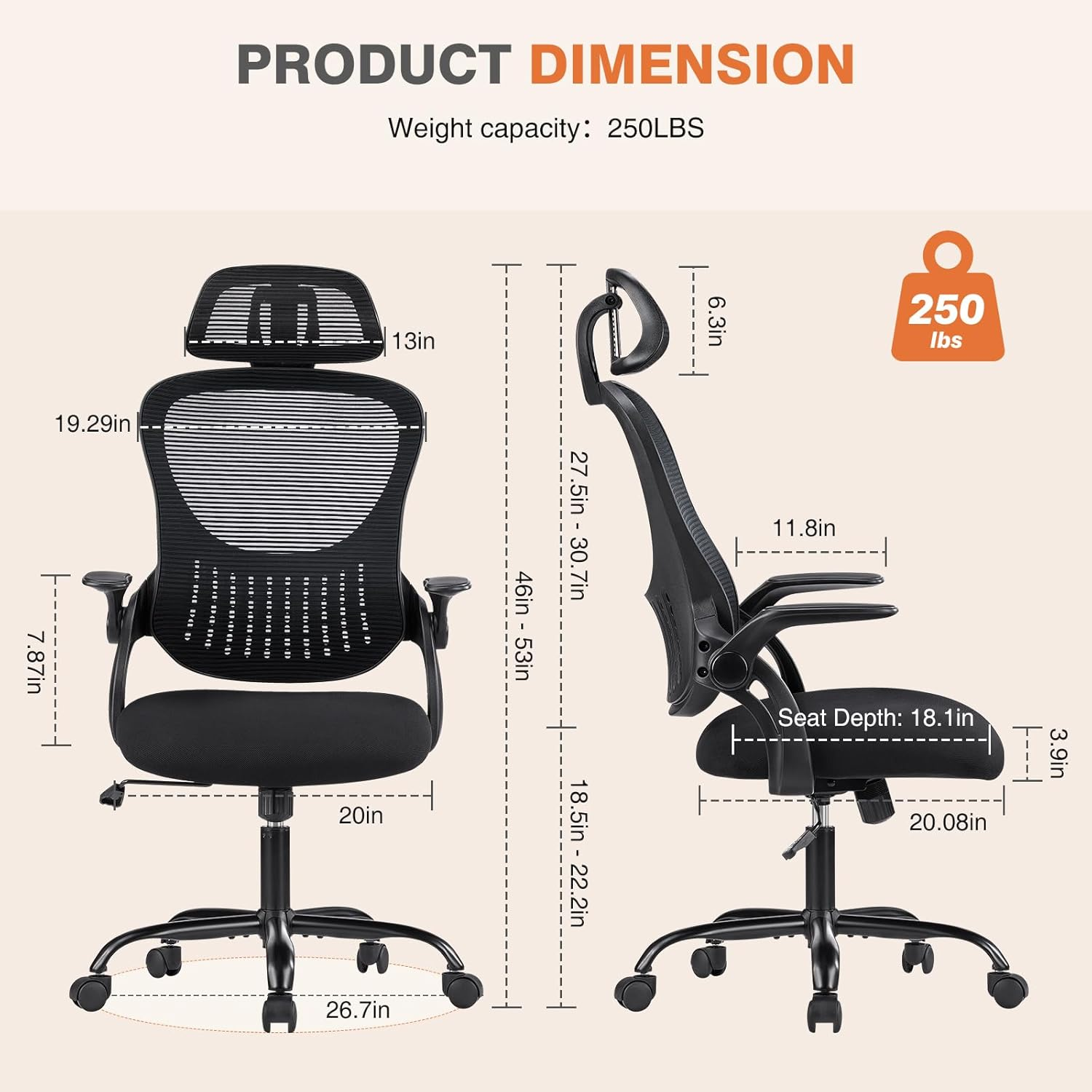 SWEETCRISPY OFFICE COMPUTER DESK CHAIR, ERGONOMIC HIGH-BACK MESH ROLLING WORK CHAIRS WITH WHEELS AND ADJUSTABLE HEADRESTS, COMFORTABLE LUMBAR SUPPORT, COMFY FLIP-UP ARMS FOR HOME, BEDROOM, STUDY, BLACK