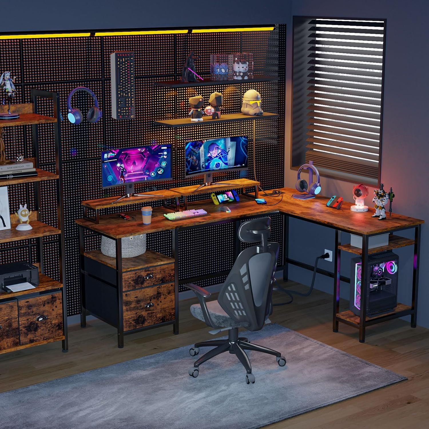 FUROLOGEE 66” L SHAPED DESK WITH POWER OUTLET, REVERSIBLE COMPUTER DESK WITH FILE DRAWER & 2 MONITOR STANDS, HOME OFFICE DESK WITH STORAGE SHELVES, CORNER DESK FOR GAMING WRITING, RUSTIC BROWN