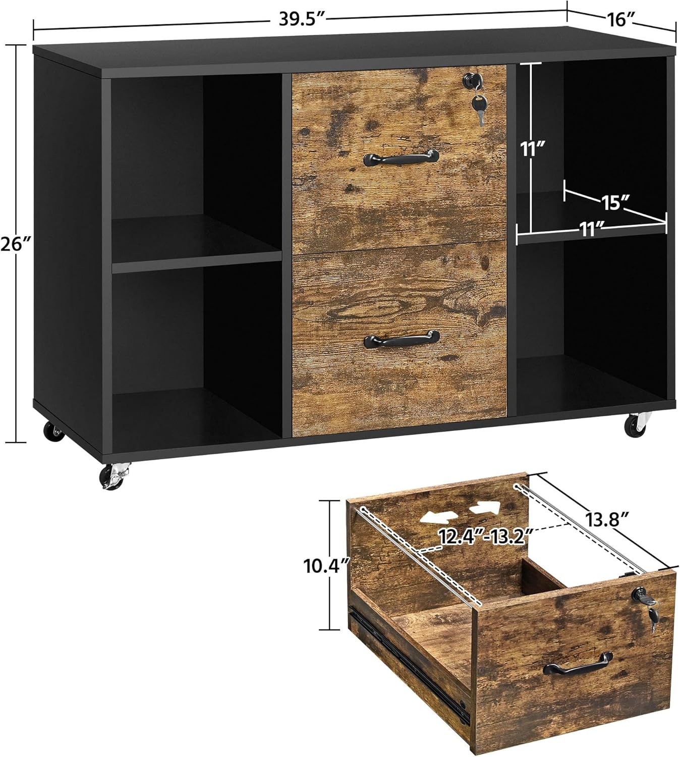 YAHEETECH FILING CABINET LATERAL FILE CABINET WITH 2 DRAWER AND 4 OPEN COMPARTMENTS FOR LETTER SIZE A4 SIZE, PRINTER STAND FOR HOME OFFICE, BLACK/RUSTIC BROWN