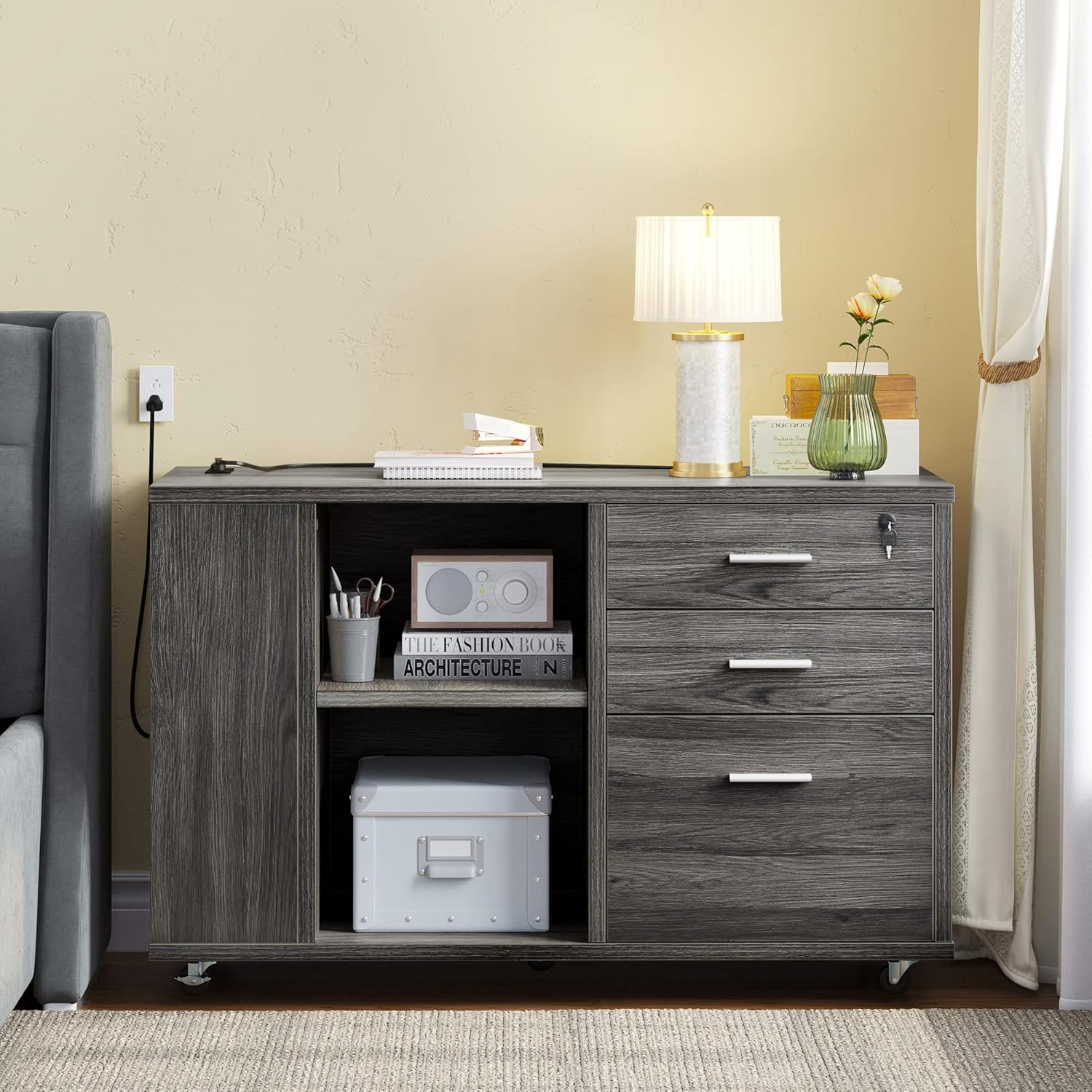 YITAHOME FILE CABINET WITH CHARGING STATION, MOBILE LATERAL FILING CABINET WITH LOCK FOR HOME OFFICE, PRINTER STAND WITH OPEN STORAGE SHELF, FITS A4, LETTER, LEGAL SIZE FILES, OFFICE FURNITURE, GREY
