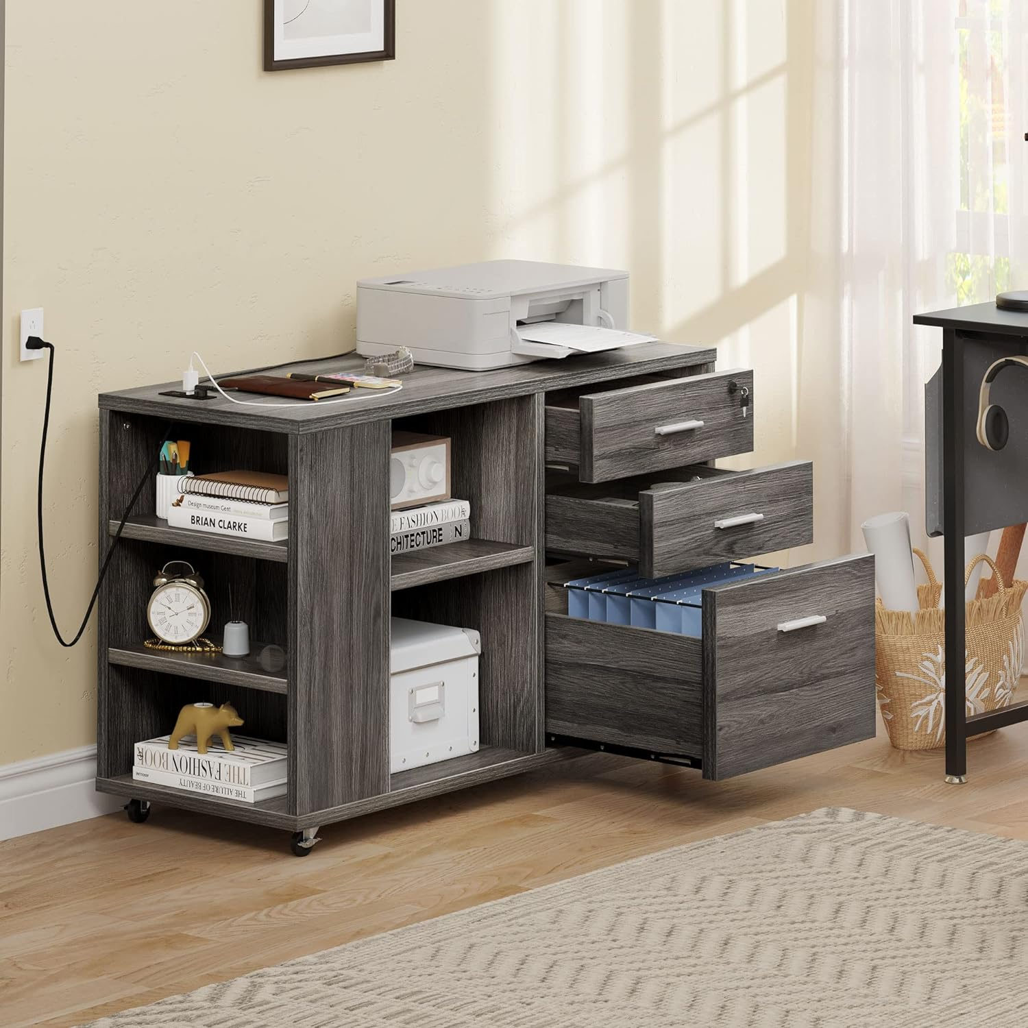 YITAHOME FILE CABINET WITH CHARGING STATION, MOBILE LATERAL FILING CABINET WITH LOCK FOR HOME OFFICE, PRINTER STAND WITH OPEN STORAGE SHELF, FITS A4, LETTER, LEGAL SIZE FILES, OFFICE FURNITURE, GREY
