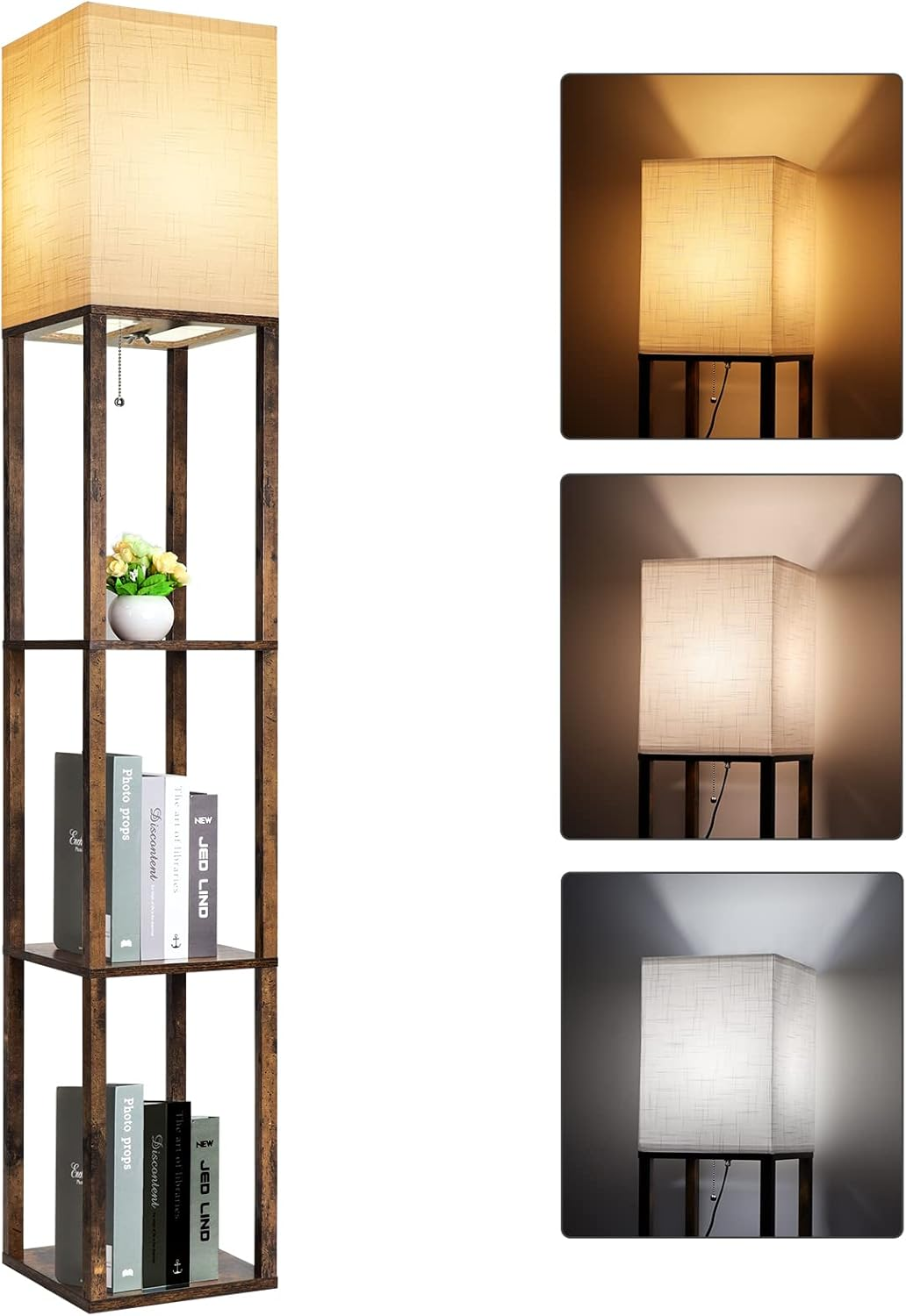 RUNTOP FLOOR LAMP WITH SHELVES, MODERN SHELF LAMP FOR DISPLAY STORAGE, 3 COLOR TEMPERATURE WOOD NARROW STANDING CORNER LAMP WITH 8W BULB FOR LIVING ROOM DECOR, BEDROOM, OFFICE, HOME DECOR (BROWN)