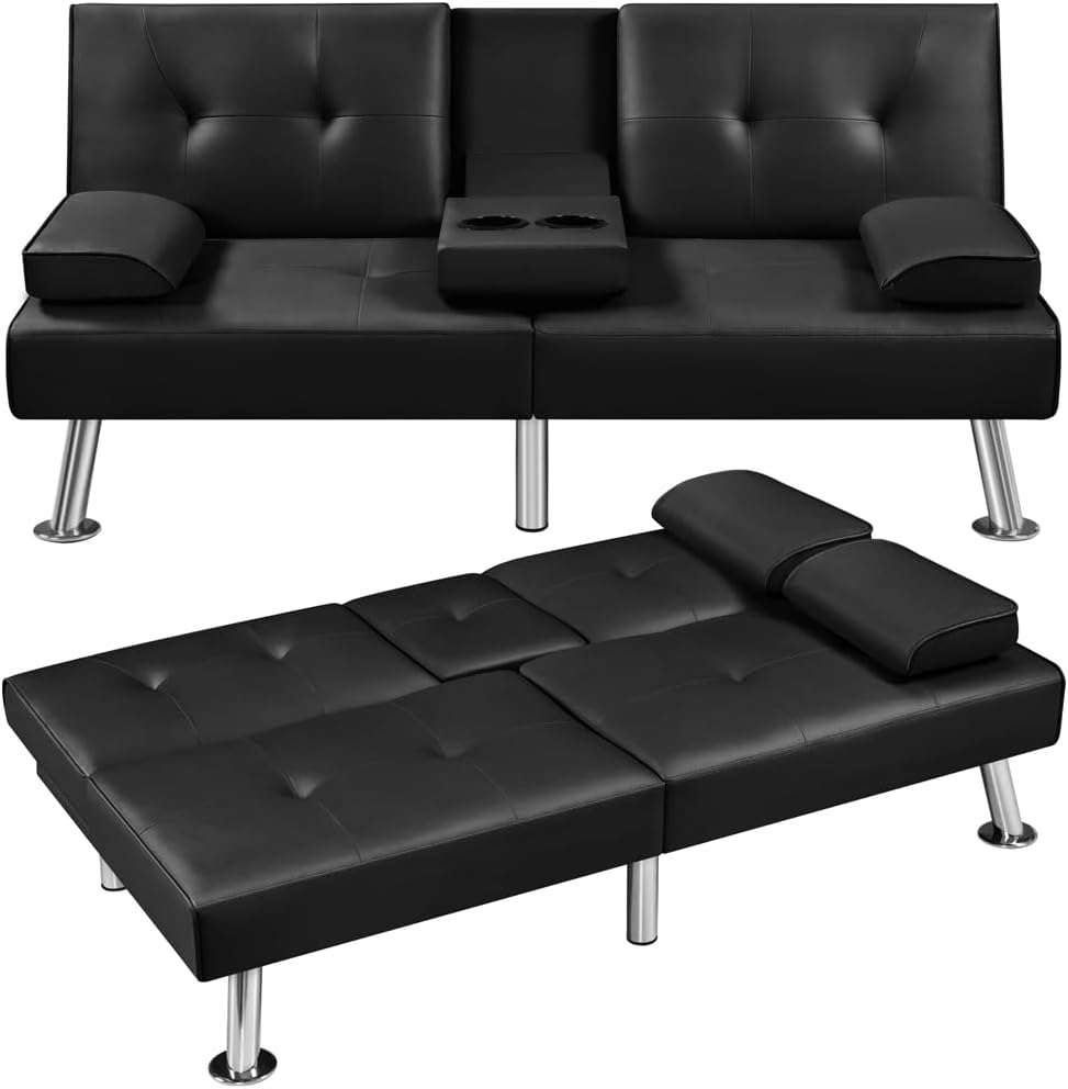 YAHEETECH CONVERTIBLE SOFA BED ADJUSTABLE COUCH SLEEPER MODERN FAUX LEATHER RECLINER REVERSIBLE LOVESEAT FOLDING DAYBED GUEST BED, REMOVABLE ARMRESTS, CUP HOLDERS, 3 ANGLES, 772LB CAPACITY, BLACK