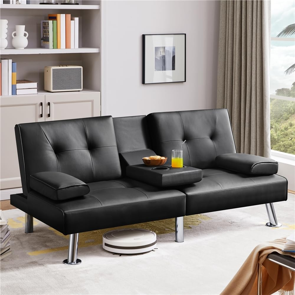YAHEETECH CONVERTIBLE SOFA BED ADJUSTABLE COUCH SLEEPER MODERN FAUX LEATHER RECLINER REVERSIBLE LOVESEAT FOLDING DAYBED GUEST BED, REMOVABLE ARMRESTS, CUP HOLDERS, 3 ANGLES, 772LB CAPACITY, BLACK