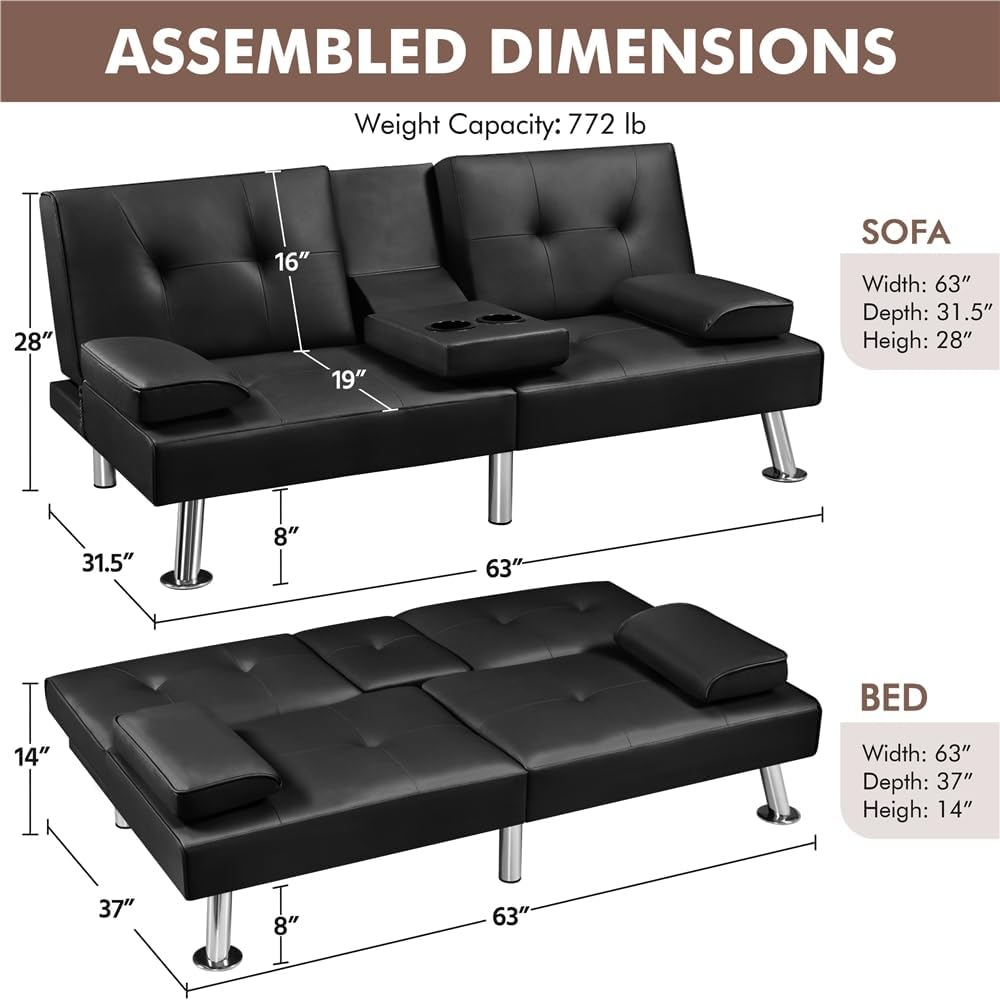 YAHEETECH CONVERTIBLE SOFA BED ADJUSTABLE COUCH SLEEPER MODERN FAUX LEATHER RECLINER REVERSIBLE LOVESEAT FOLDING DAYBED GUEST BED, REMOVABLE ARMRESTS, CUP HOLDERS, 3 ANGLES, 772LB CAPACITY, BLACK