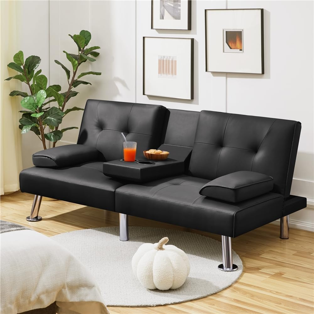 YAHEETECH CONVERTIBLE SOFA BED ADJUSTABLE COUCH SLEEPER MODERN FAUX LEATHER RECLINER REVERSIBLE LOVESEAT FOLDING DAYBED GUEST BED, REMOVABLE ARMRESTS, CUP HOLDERS, 3 ANGLES, 772LB CAPACITY, BLACK