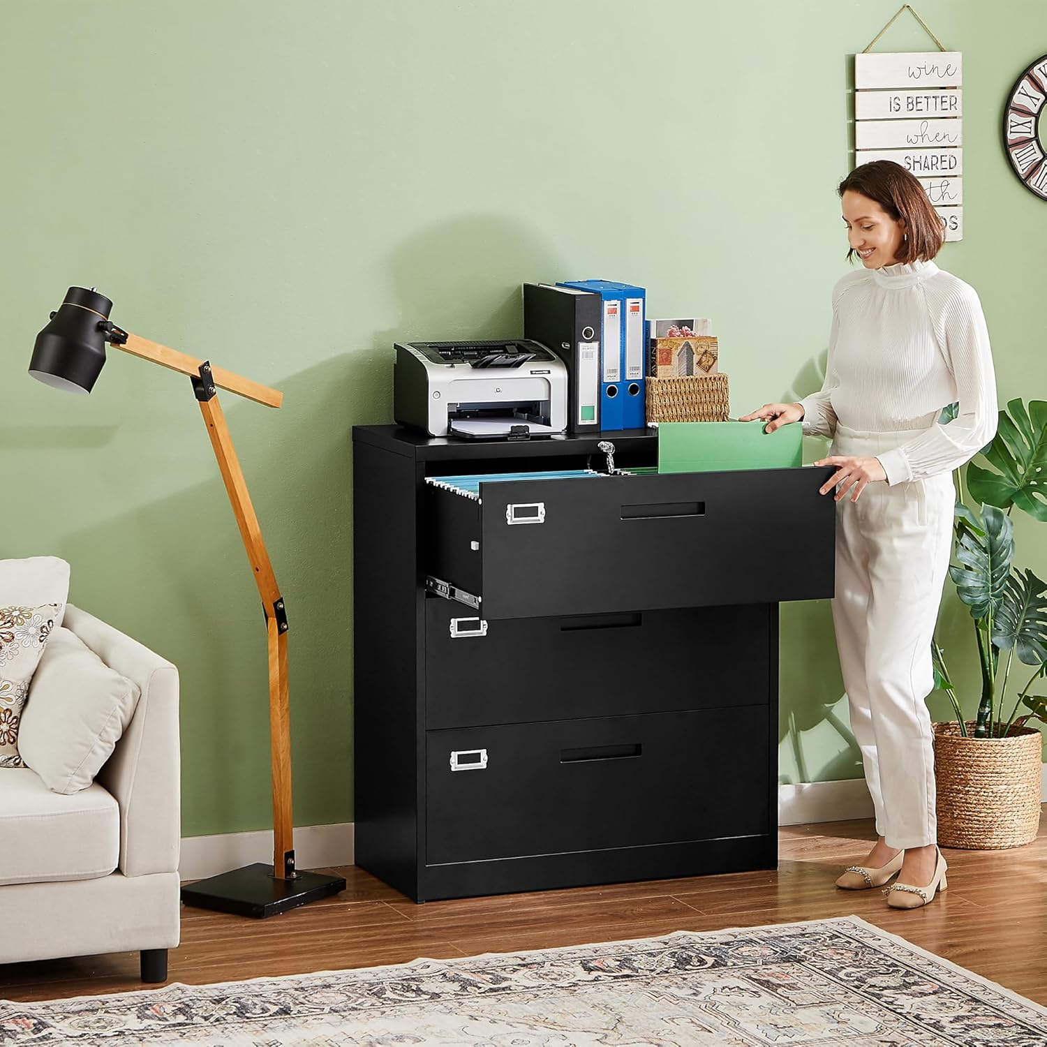 LETAYA LATERAL 3 DRAWER FILE CABINETS WITH LOCK, METAL FILING STORAGE VERTICAL CABINETS, HOME OFFICE FURNITURE FOR ORGANIZATION HANGING LETTER/LEGAL/F4/A4 (BLACK)