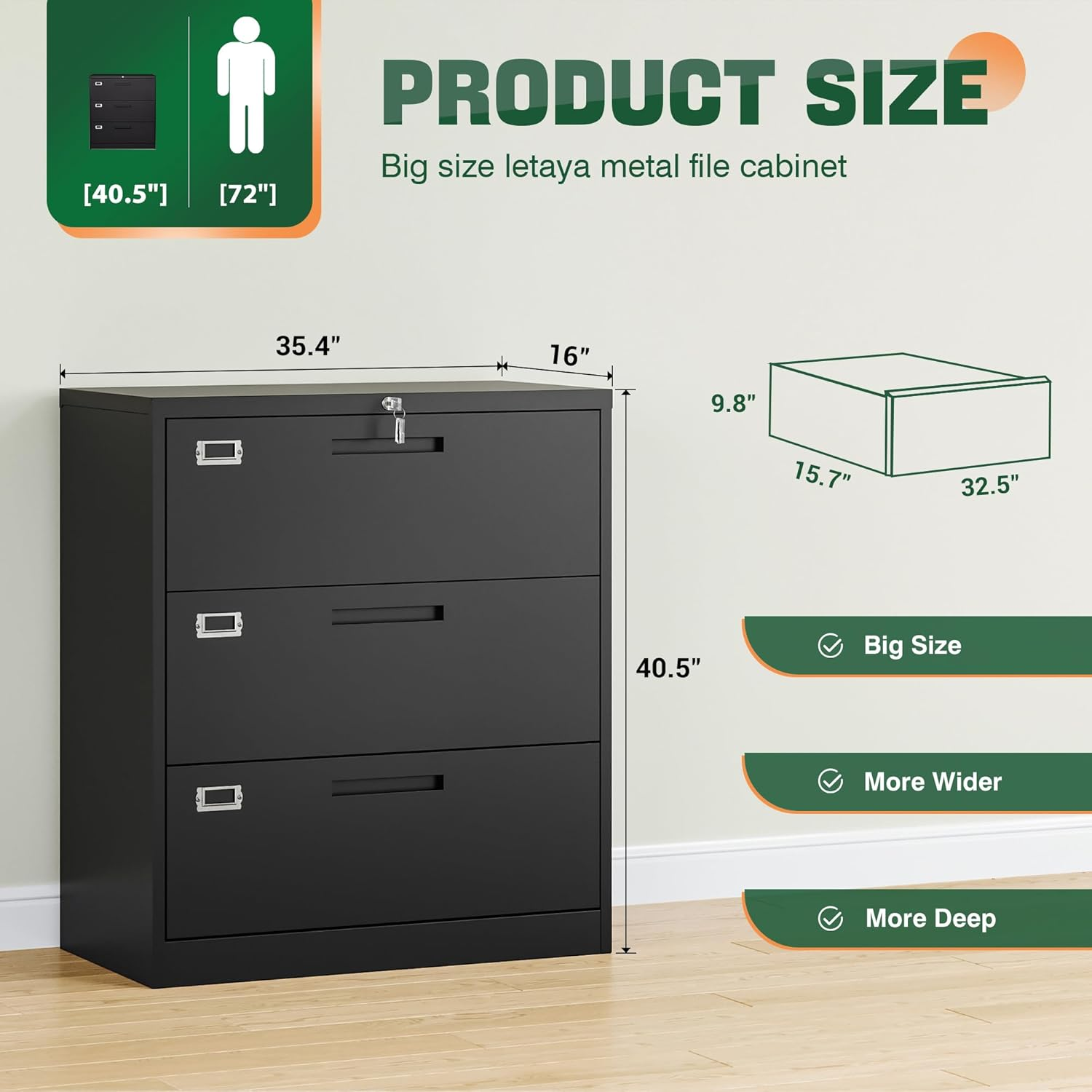 LETAYA LATERAL 3 DRAWER FILE CABINETS WITH LOCK, METAL FILING STORAGE VERTICAL CABINETS, HOME OFFICE FURNITURE FOR ORGANIZATION HANGING LETTER/LEGAL/F4/A4 (BLACK)