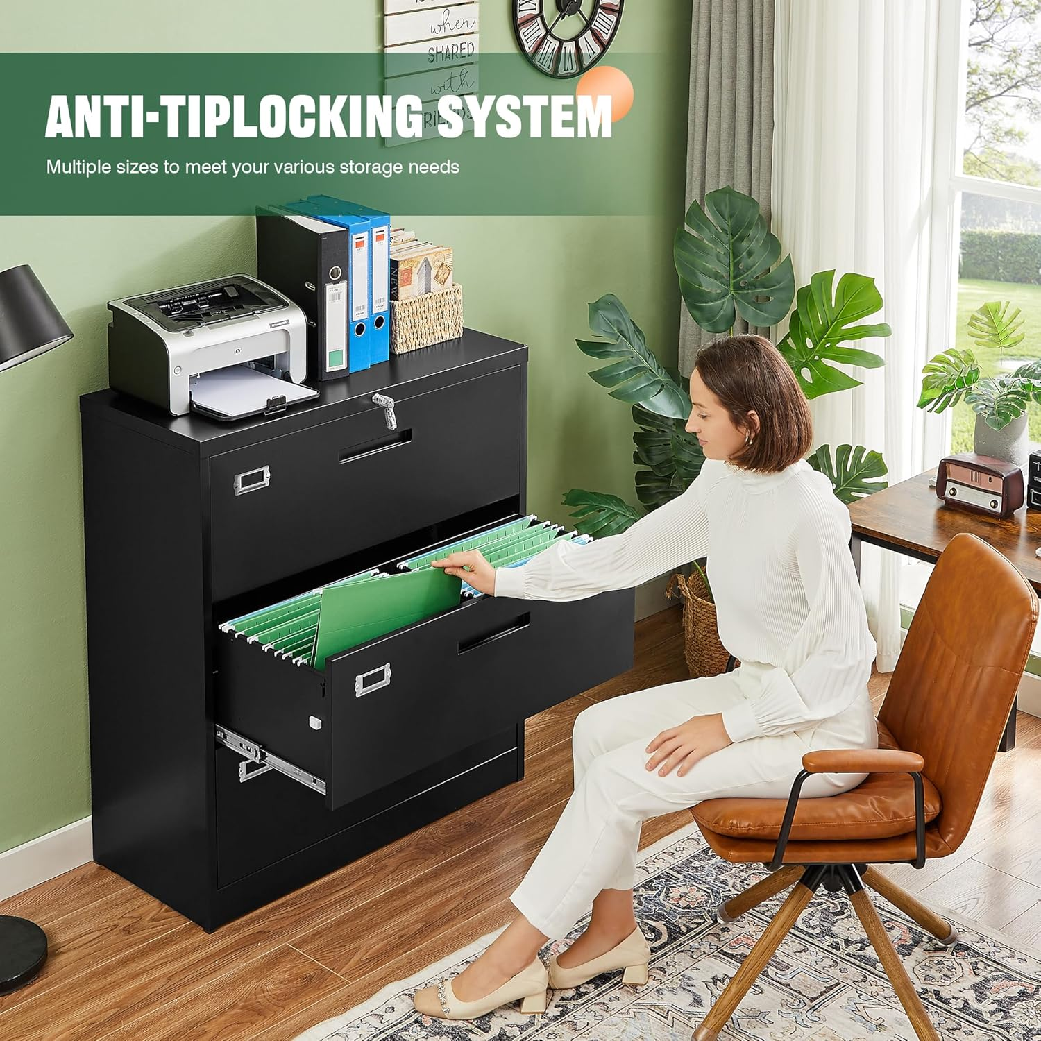 LETAYA LATERAL 3 DRAWER FILE CABINETS WITH LOCK, METAL FILING STORAGE VERTICAL CABINETS, HOME OFFICE FURNITURE FOR ORGANIZATION HANGING LETTER/LEGAL/F4/A4 (BLACK)