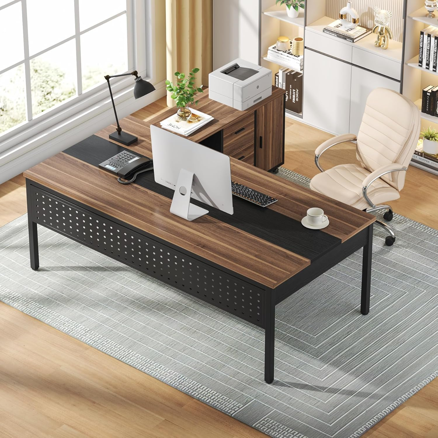 TRIBESIGNS 70.8" LARGE EXECUTIVE OFFICE DESK AND 47" LATERAL FILE CABINET COMBO, L-SHAPED COMPUTER DESK 2 PIECE BUSINESS FURNITURE WITH DRAWERS AND SHELVES, HOME OFFICE WORKSTATION, WALNUT