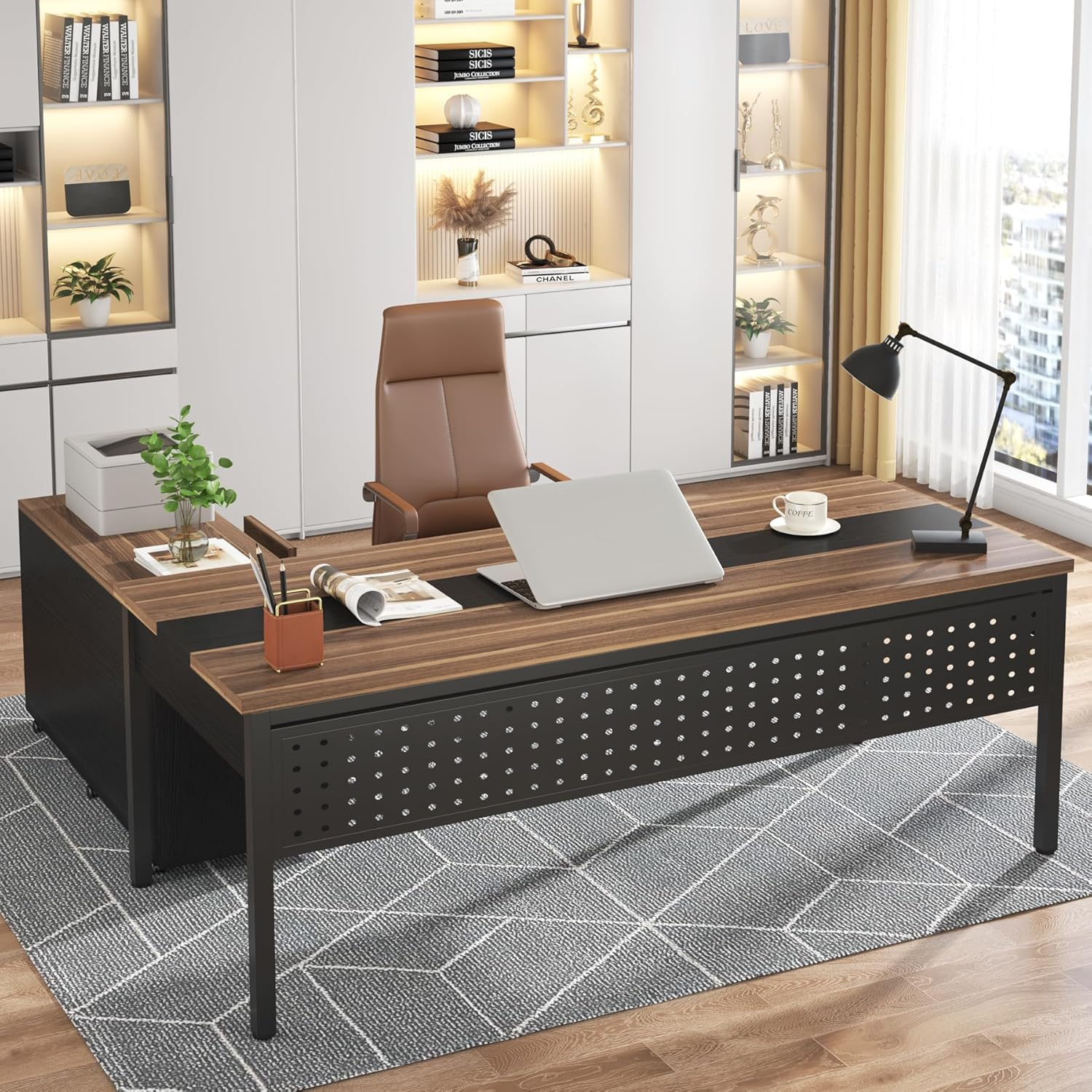 TRIBESIGNS 70.8" LARGE EXECUTIVE OFFICE DESK AND 47" LATERAL FILE CABINET COMBO, L-SHAPED COMPUTER DESK 2 PIECE BUSINESS FURNITURE WITH DRAWERS AND SHELVES, HOME OFFICE WORKSTATION, WALNUT