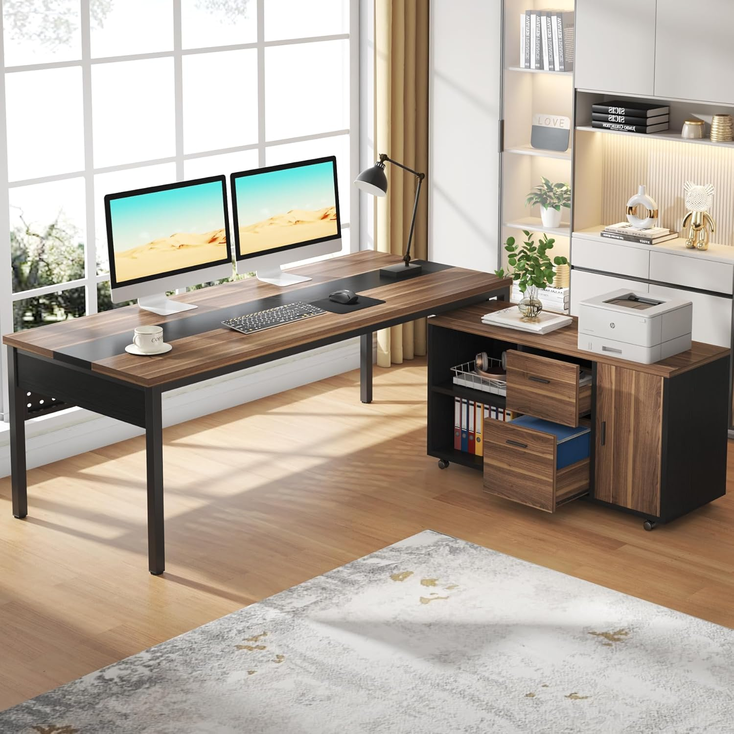 TRIBESIGNS 70.8" LARGE EXECUTIVE OFFICE DESK AND 47" LATERAL FILE CABINET COMBO, L-SHAPED COMPUTER DESK 2 PIECE BUSINESS FURNITURE WITH DRAWERS AND SHELVES, HOME OFFICE WORKSTATION, WALNUT