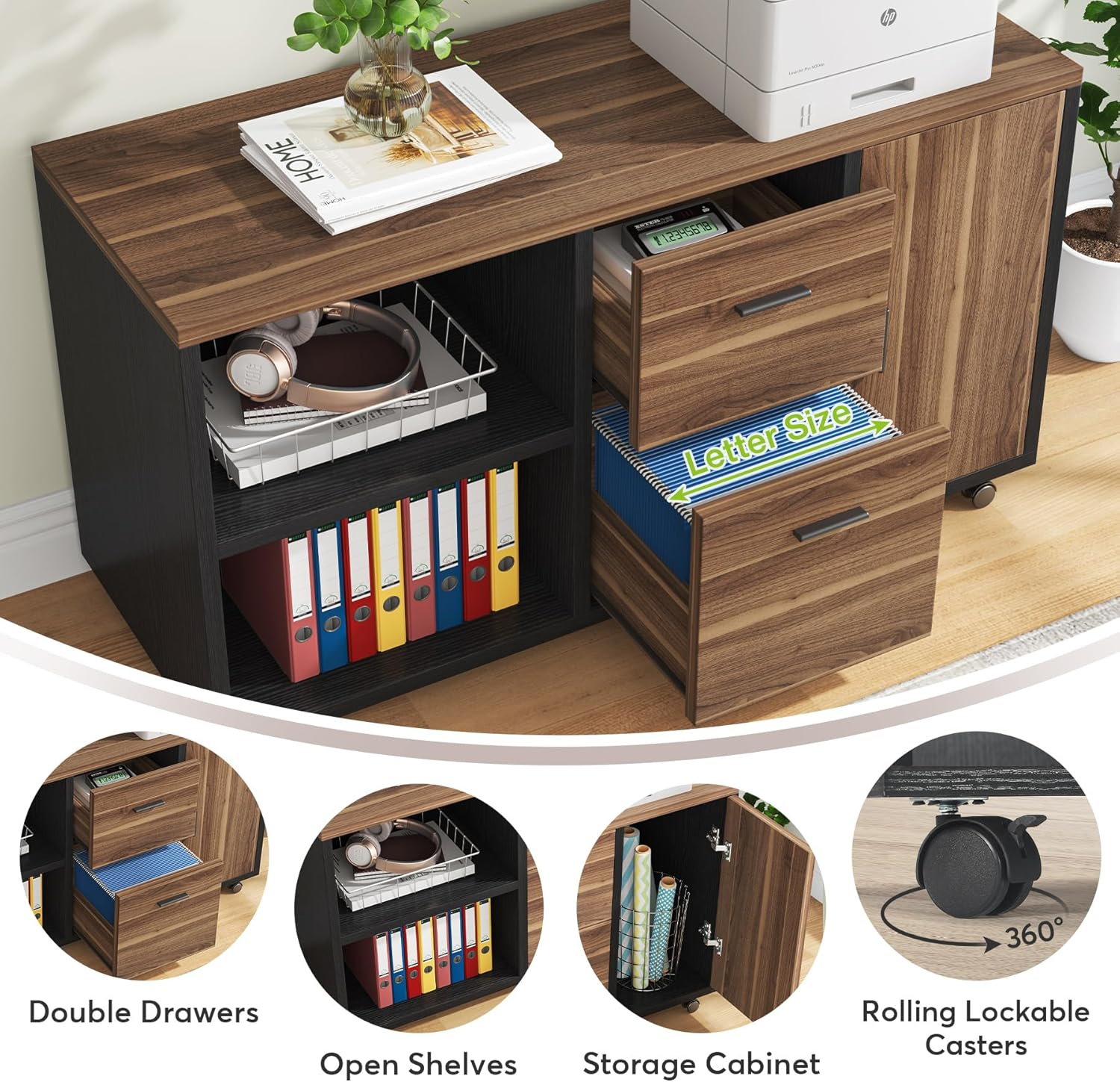 TRIBESIGNS 70.8" LARGE EXECUTIVE OFFICE DESK AND 47" LATERAL FILE CABINET COMBO, L-SHAPED COMPUTER DESK 2 PIECE BUSINESS FURNITURE WITH DRAWERS AND SHELVES, HOME OFFICE WORKSTATION, WALNUT