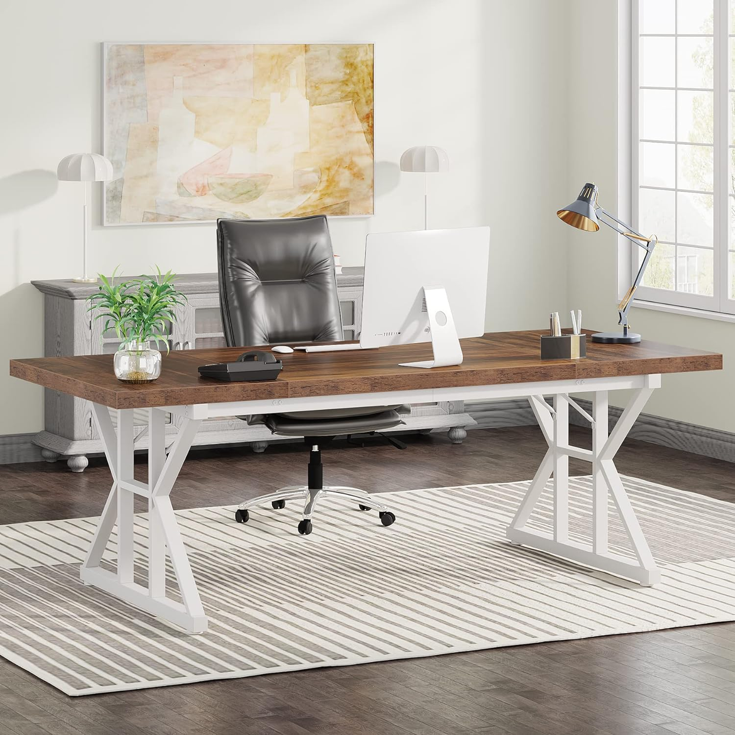 TRIBESIGNS 70.8-INCH EXECUTIVE DESK, LARGE COMPUTER OFFICE DESK WORKSTATION, MODERN SIMPLE STYLE LAPTOP DESK STUDY WRITING TABLE BUSINESS FURNITURE FOR HOME OFFICE (BROWN/WHITE, 70.8 INCH)