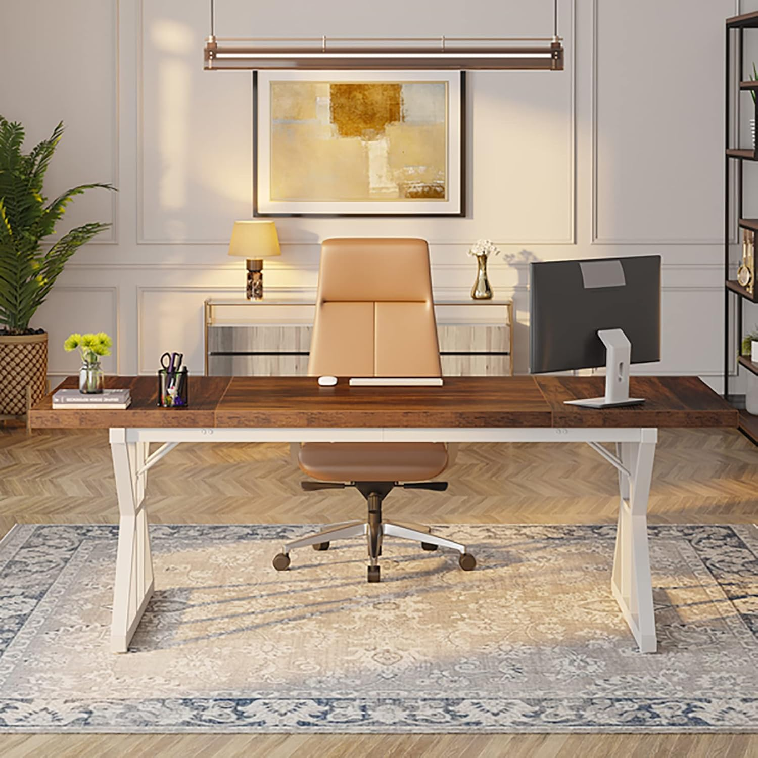 TRIBESIGNS 70.8-INCH EXECUTIVE DESK, LARGE COMPUTER OFFICE DESK WORKSTATION, MODERN SIMPLE STYLE LAPTOP DESK STUDY WRITING TABLE BUSINESS FURNITURE FOR HOME OFFICE (BROWN/WHITE, 70.8 INCH)