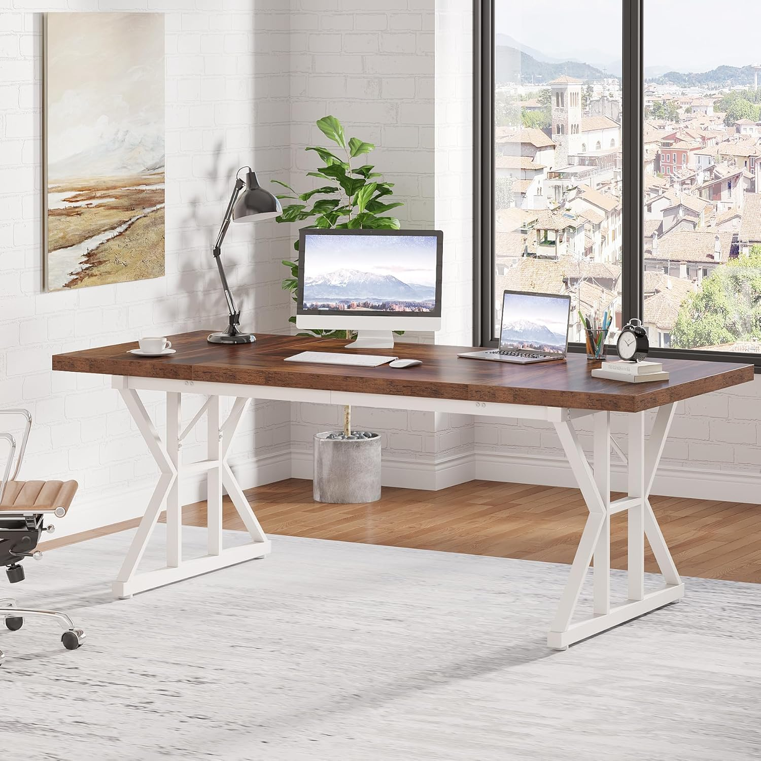 TRIBESIGNS 70.8-INCH EXECUTIVE DESK, LARGE COMPUTER OFFICE DESK WORKSTATION, MODERN SIMPLE STYLE LAPTOP DESK STUDY WRITING TABLE BUSINESS FURNITURE FOR HOME OFFICE (BROWN/WHITE, 70.8 INCH)