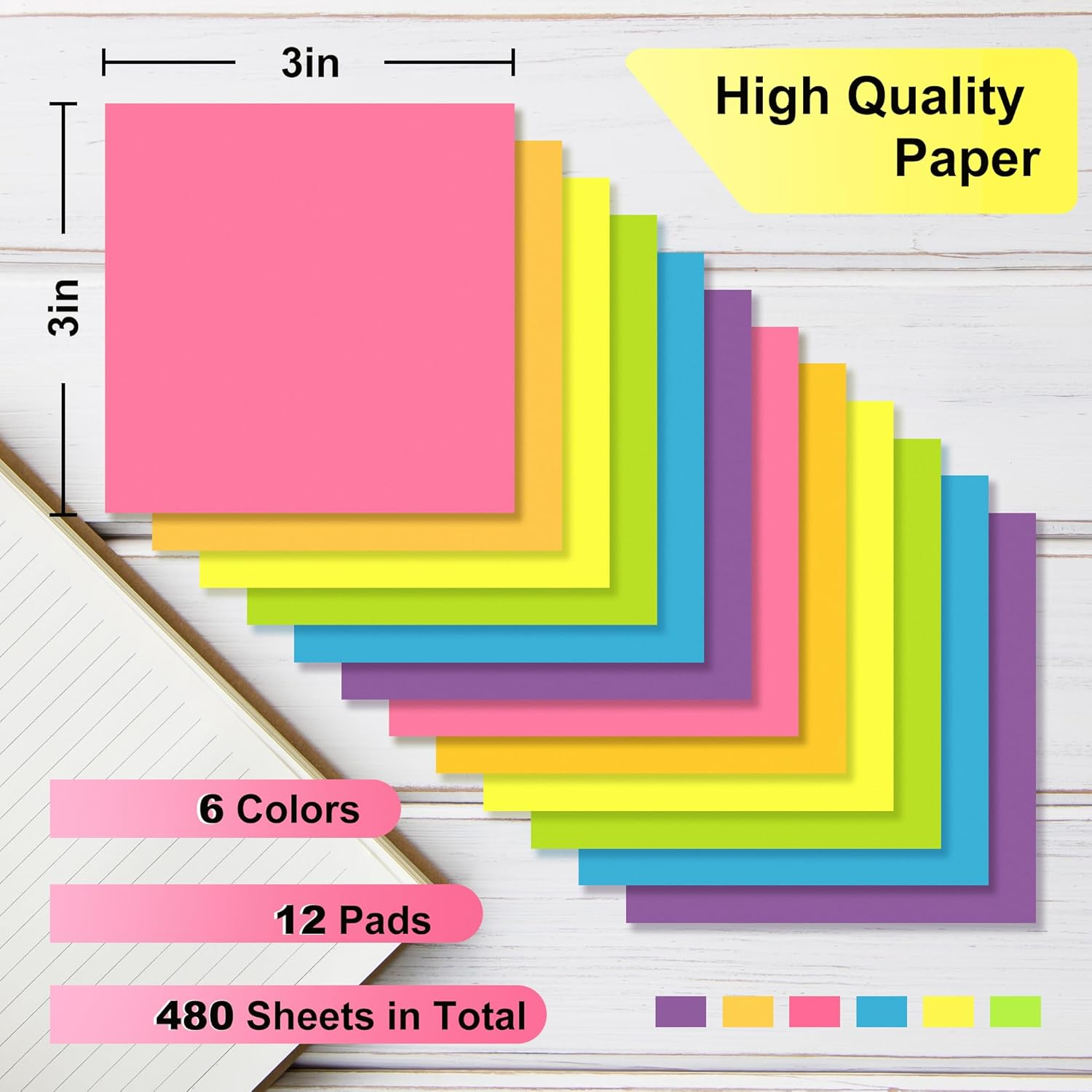 OHOME STICKY NOTES - 12 PADS, 3”X3” - COLORFUL SELF-STICK POST NOTES BULK - OFFICE DESK ACCESSORIES | TEACHER CLASSROOM MUST HAVES, AESTHETIC SCHOOL SUPPLIES FOR HOME, STOCKING STUFFERS FOR WOMEN ADULT