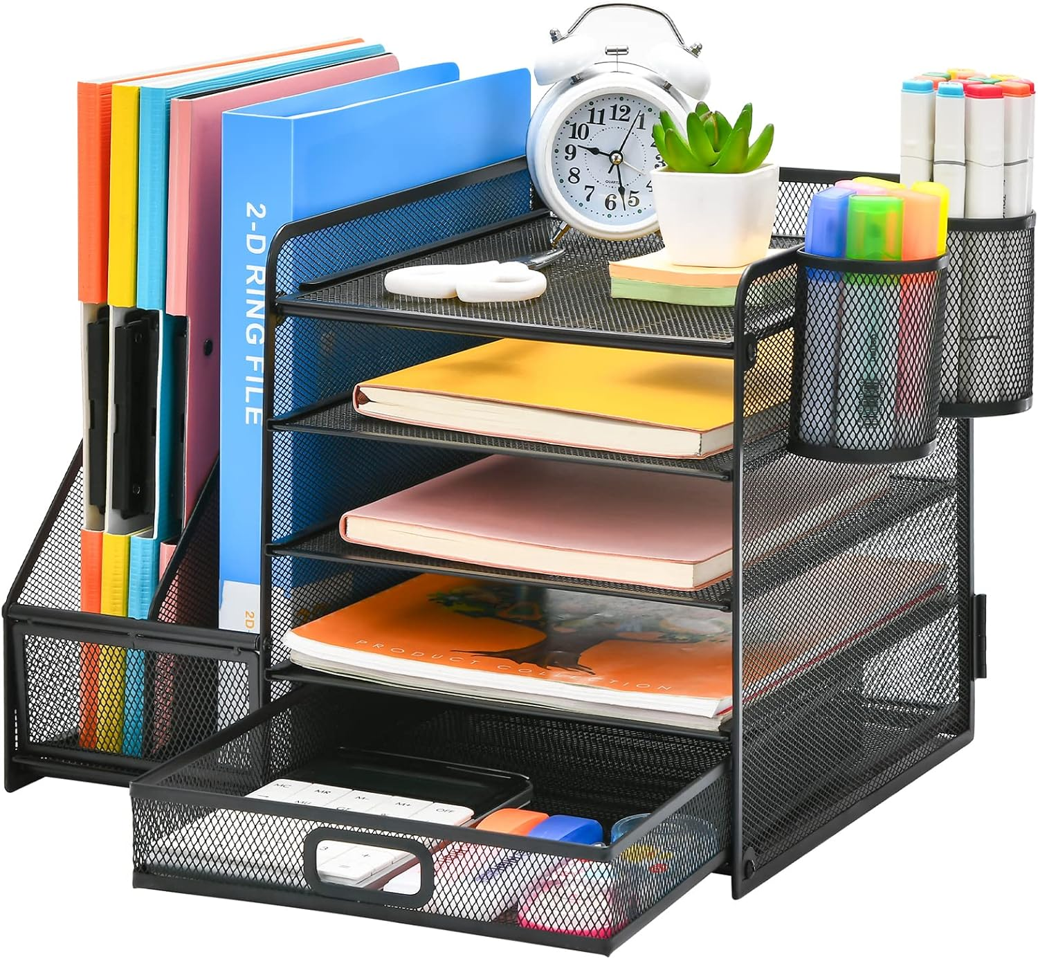 MARBRASSE DESK ORGANIZER WITH FILE HOLDER, 5-TIER PAPER LETTER TRAY ORGANIZER WITH DRAWER AND 2 PEN HOLDER, MESH DESKTOP ORGANIZER AND STORAGE WITH MAGAZINE HOLDER FOR OFFICE SUPPLIES (BLACK)