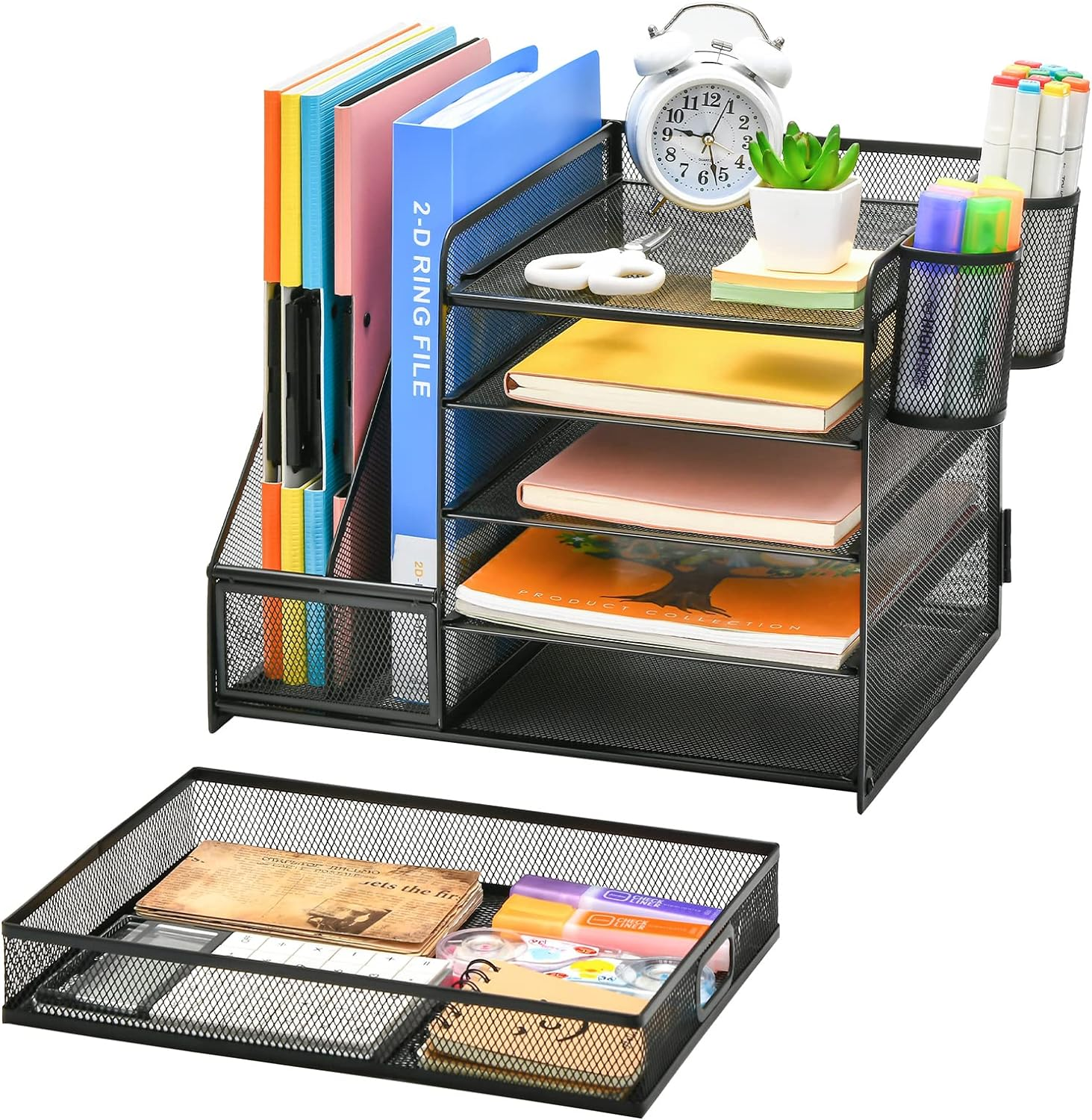 MARBRASSE DESK ORGANIZER WITH FILE HOLDER, 5-TIER PAPER LETTER TRAY ORGANIZER WITH DRAWER AND 2 PEN HOLDER, MESH DESKTOP ORGANIZER AND STORAGE WITH MAGAZINE HOLDER FOR OFFICE SUPPLIES (BLACK)