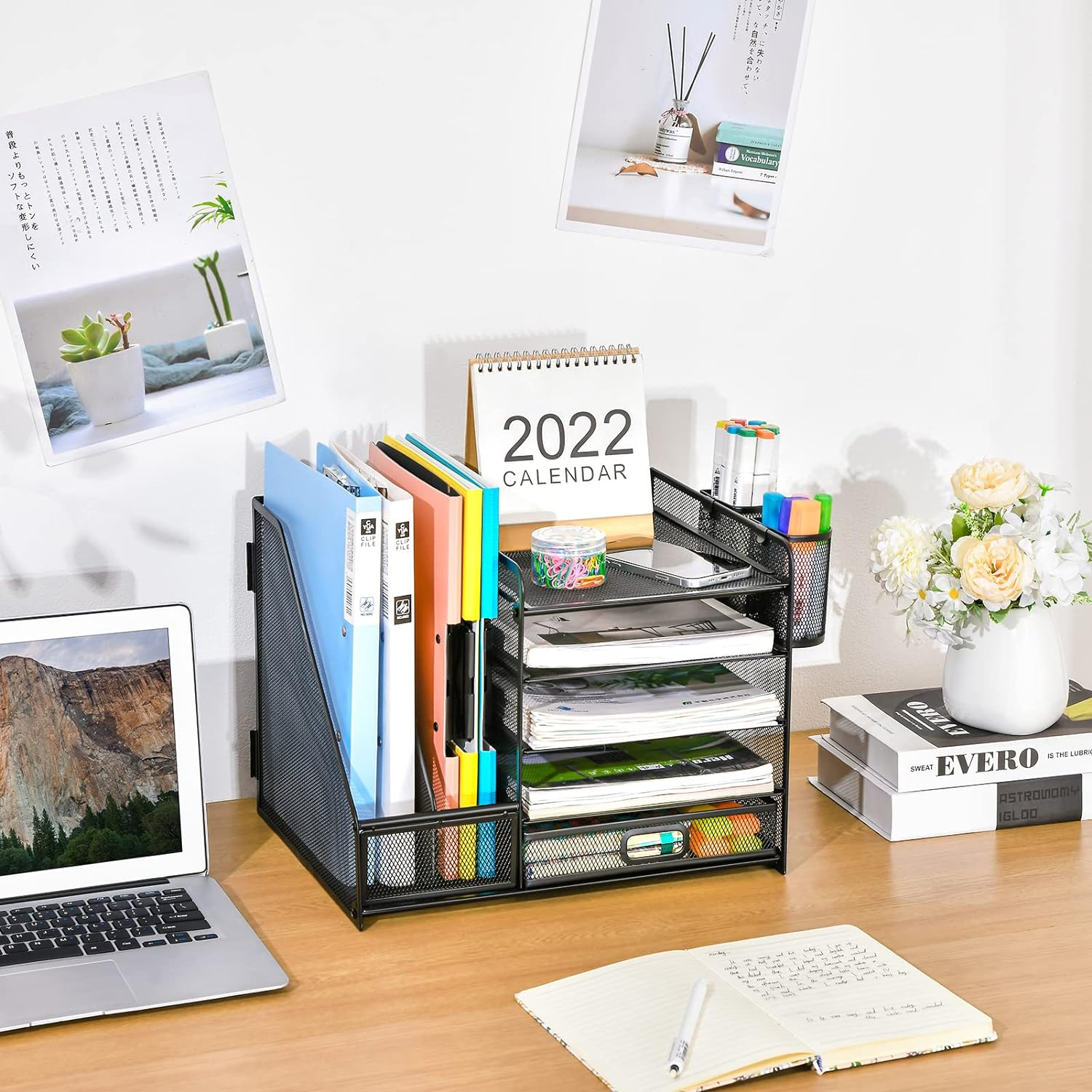MARBRASSE DESK ORGANIZER WITH FILE HOLDER, 5-TIER PAPER LETTER TRAY ORGANIZER WITH DRAWER AND 2 PEN HOLDER, MESH DESKTOP ORGANIZER AND STORAGE WITH MAGAZINE HOLDER FOR OFFICE SUPPLIES (BLACK)